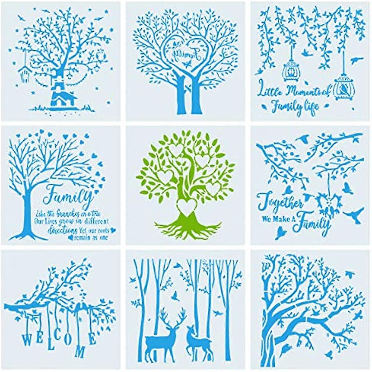 9Pcs Tree Stencils Branches Birds Deer Painting Templates Stencils Reusable Pattern Stencils Tree with Heart for Painting on Wood Fabric Card Making C