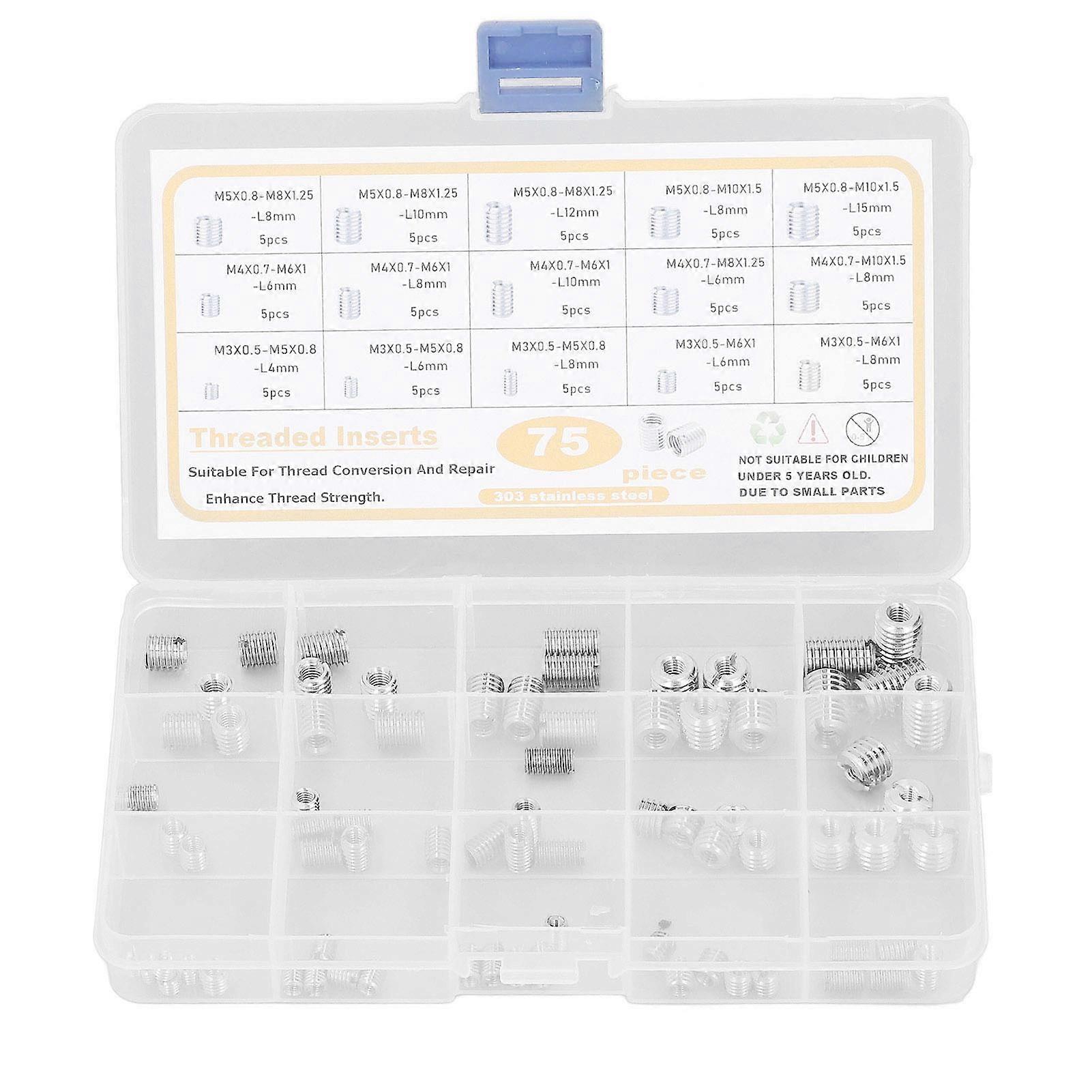 75PCS Insert fileté en acier inoxydable Argent résistant à l’usure M3 M4 M5 Kit d’écrou à filetage interne