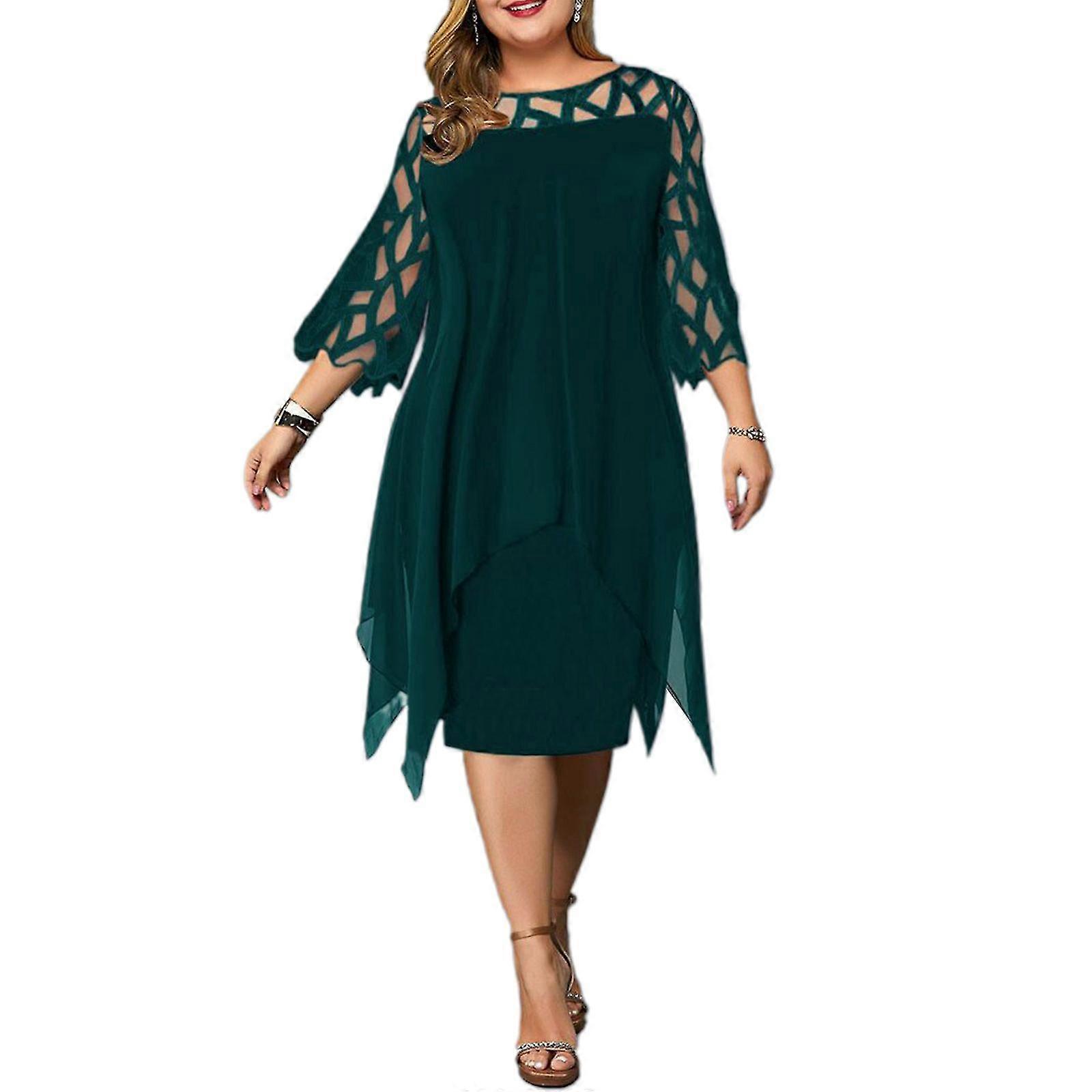Plus Taille Femmes Midi Robe Hollow Out Robe de cocktail décontractée pour l’été automne