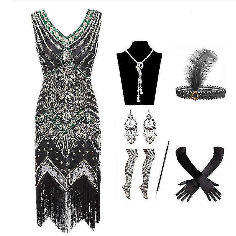 7pcs Great Gatsby Costume Set 1920s Vintage Flapper Dress Up Beaded Sequin  Tassel Dress Carnival Party Costume | Fruugo AU
