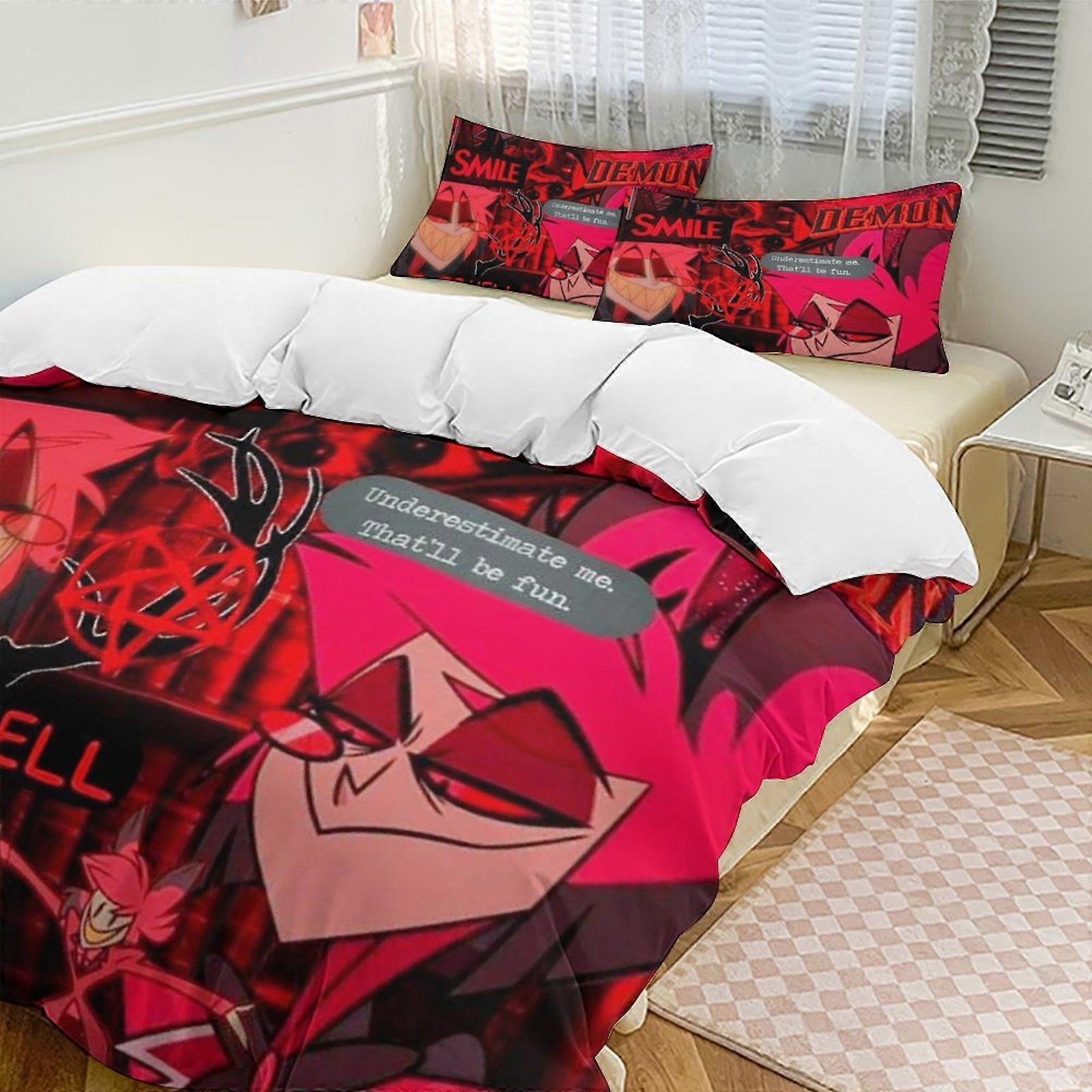 v417 Hazbin Hotel Conjunto de Cama Twin de 3 Peças - Inclui 1 Edredom Individual e 2 Fronhas de Cama - Microfibra Resistente ao Desbotamento - Hazbin Hotel io417