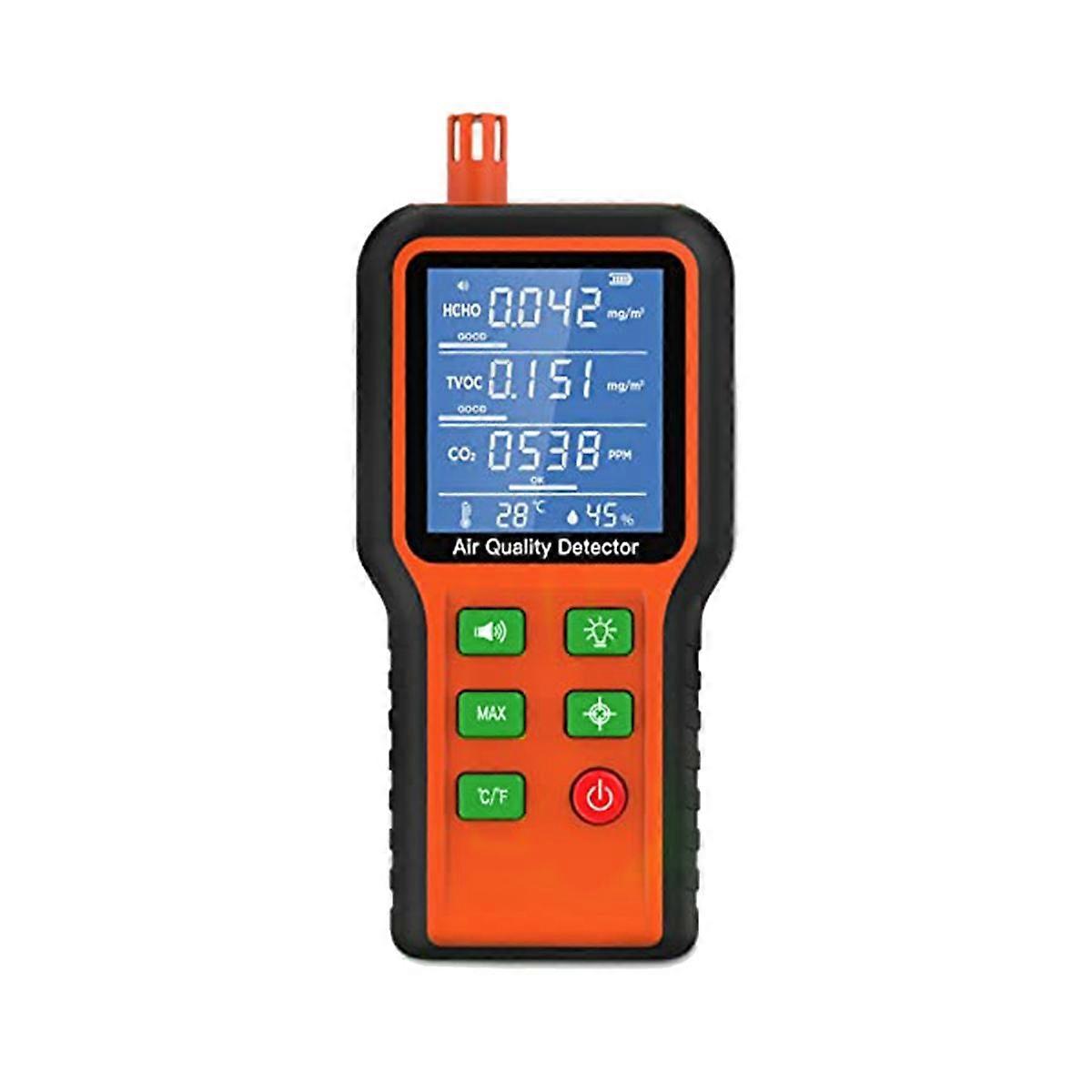 Luftkvalitetsmonitor innendørs 5-i-1 luftkvalitetstester, luftkvalitetsmåler testsett for husets CO2, TVOC, HCHO, fuktighet
