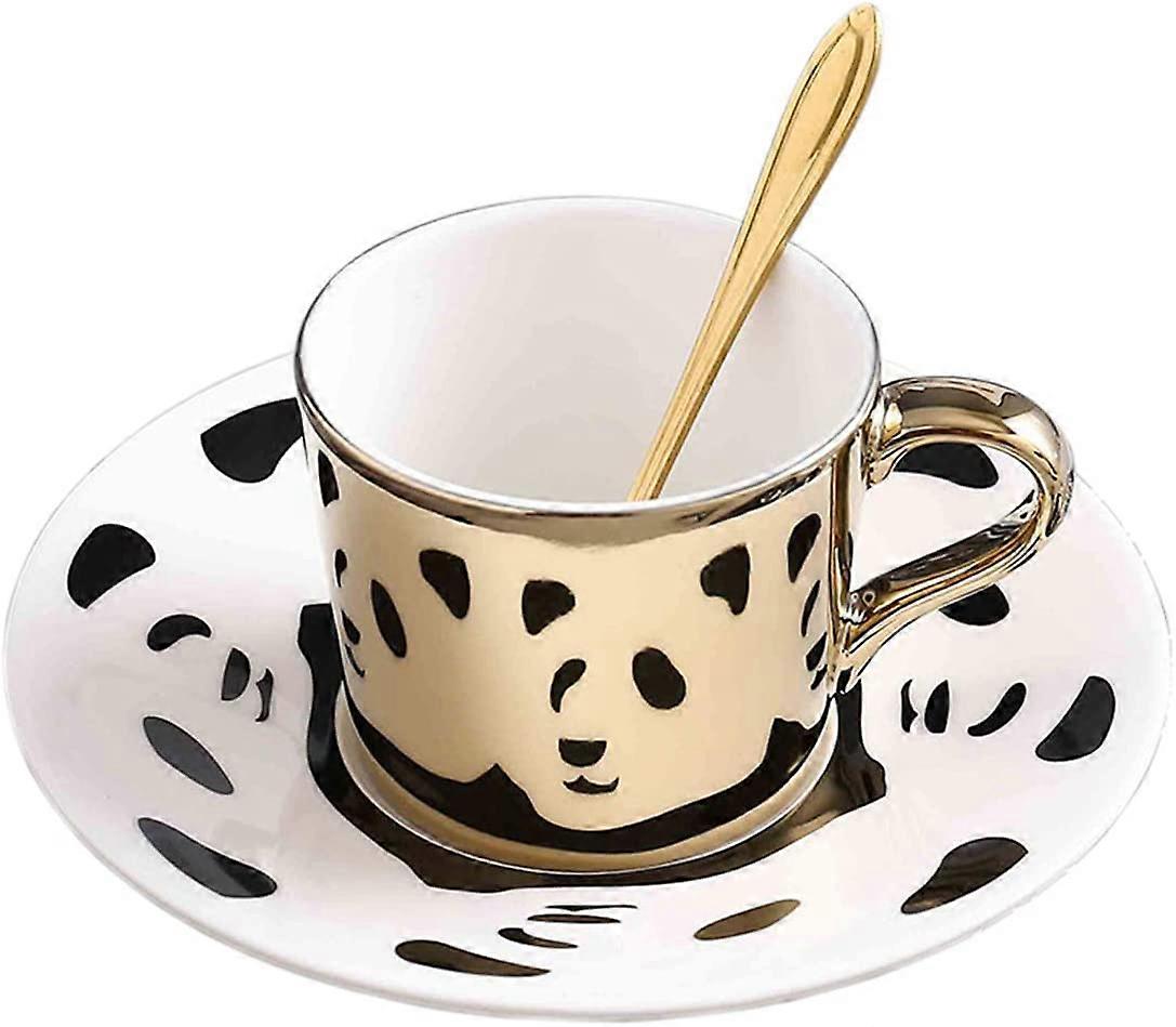 Panda Pattern Reflection Mirror,Gold Porcelain Coffee Mug,250ml