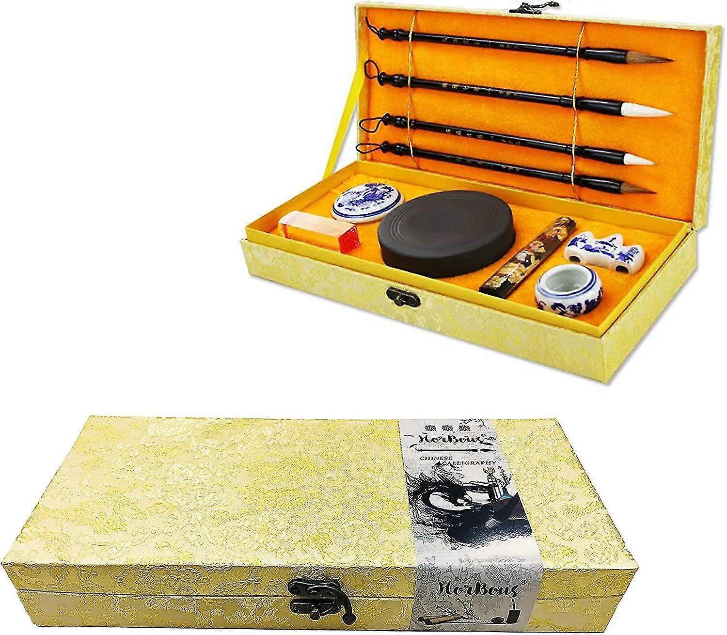 10 Pcs Chinese Calligraphy Set Inkstone + Writing And Painting Brush + Ink Block + Seal + Inkpad + Pen Rack + Water Bowl (basic)