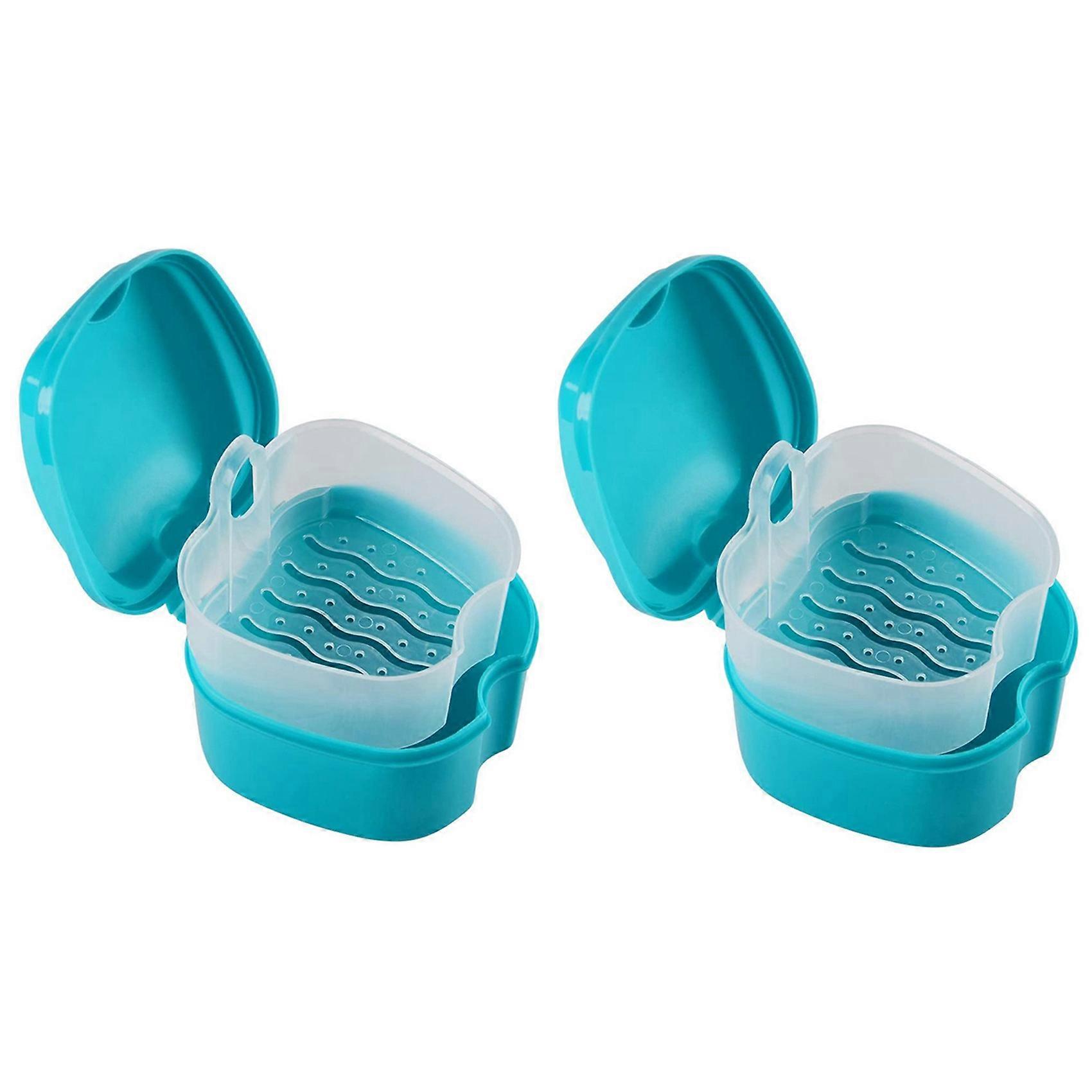 2X Blue Denture Case, Denture Cup with Strainer, Denture Bath False Teeth Storage Box with Basket N