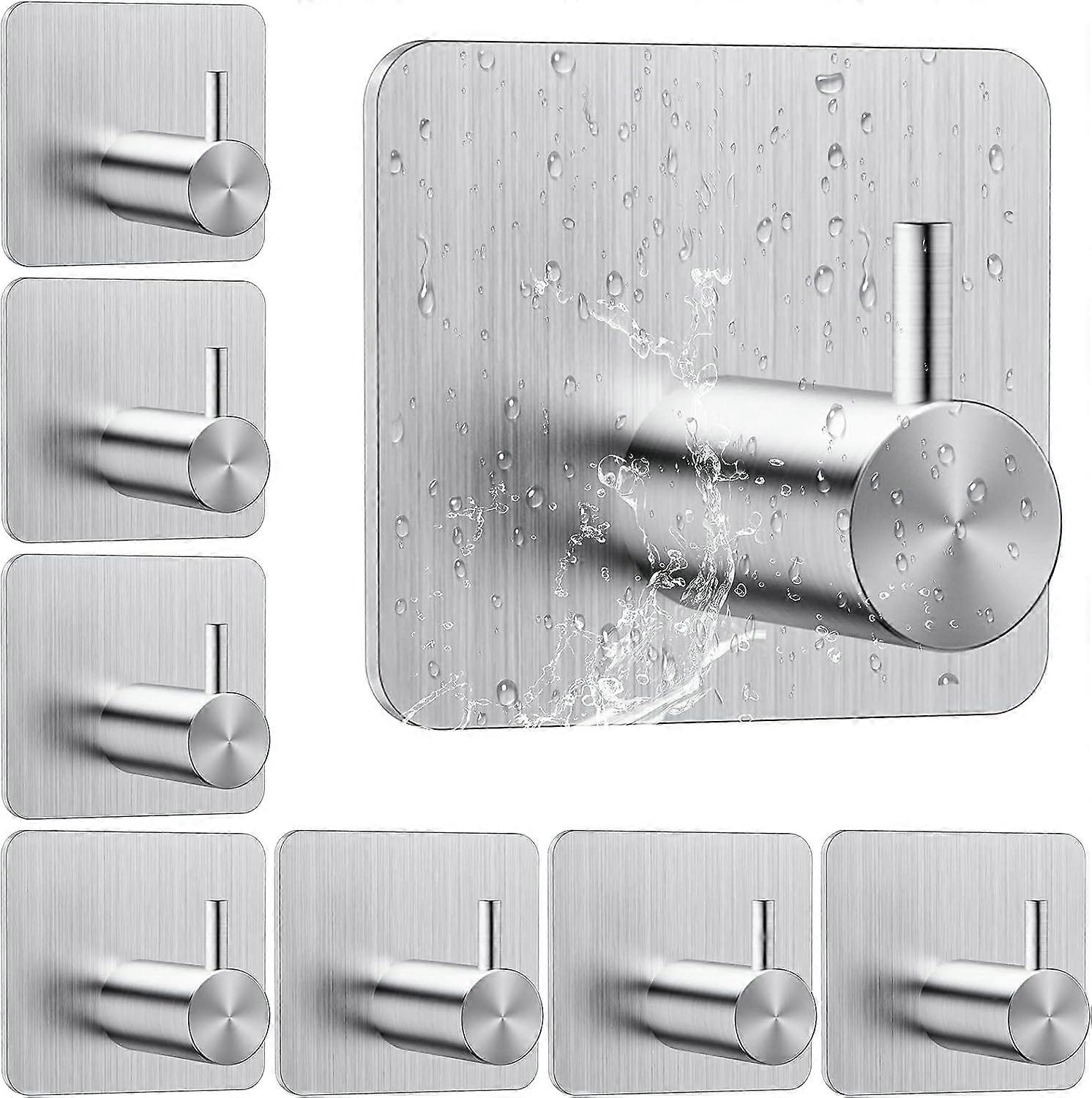 Self Adhesive Hooks 8Pcs Stainless Steel Towel Hooks Anti-Rust Bathroom Hooks Removable Stick on Hooks Heavy Duty for Hanging Towel,Hat,Keys,Kitchenwa