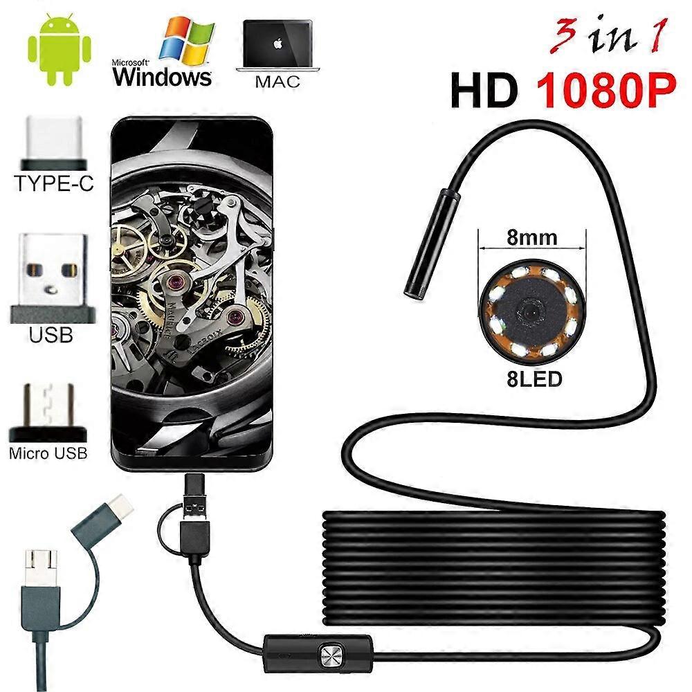 Hard Cable 8.0mm Endoscope Camera 1080P HD USB Endoscope with 8 LED 1/2/5M Cable Waterproof Inspection Borescope for Android PC
