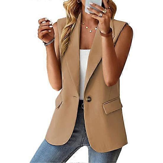 Women Blazer Waistcoat Lapel Single Button Sleeveless Formal Business OF Commute Straight Patch Pockets Solid Color Mid Length Lady Suit Coat