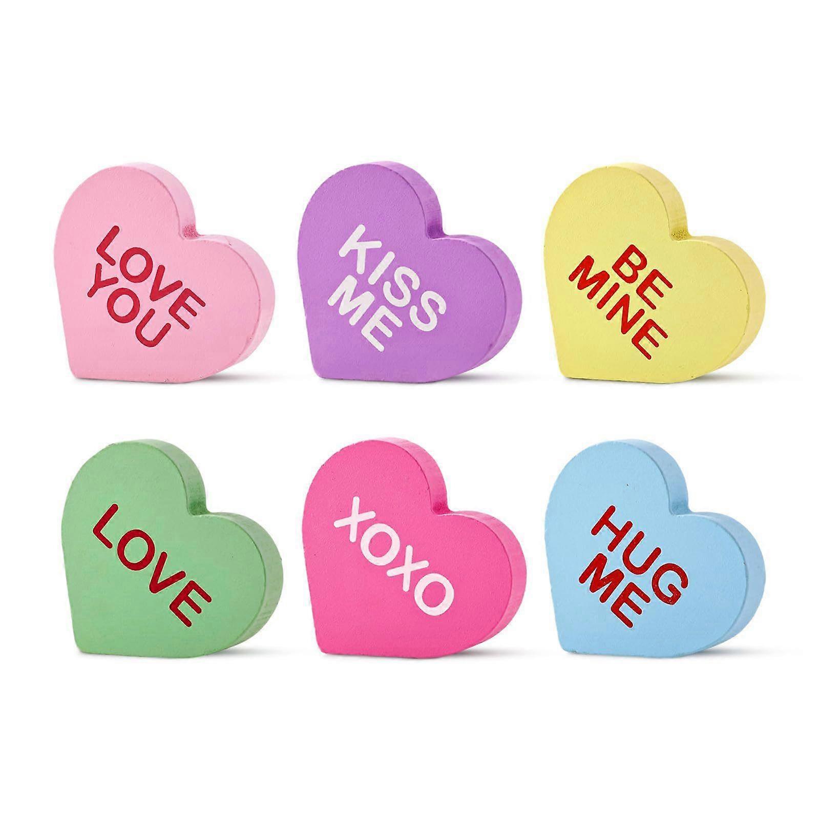 6Pcs/Set Valentine's Day Love Heart Ornament Farmhouse Rustic Heart Shape Table Sign Block Tiered Tray Table Centerpiece Desktop Decoration