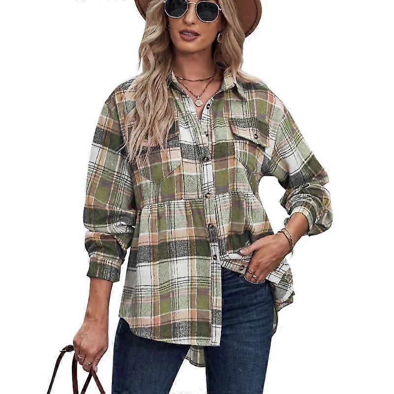 Casual Blouse Women's Plus Plaid Print Button Up Long Sleeve Turn Down Collar Blouse