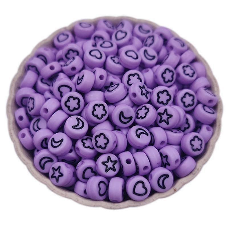 50Pcs 7MM Cute Candy Color Star Moon Printed Acrylic Beads Soild Mixed Flat Loose Beads DIY for Jewellery Making