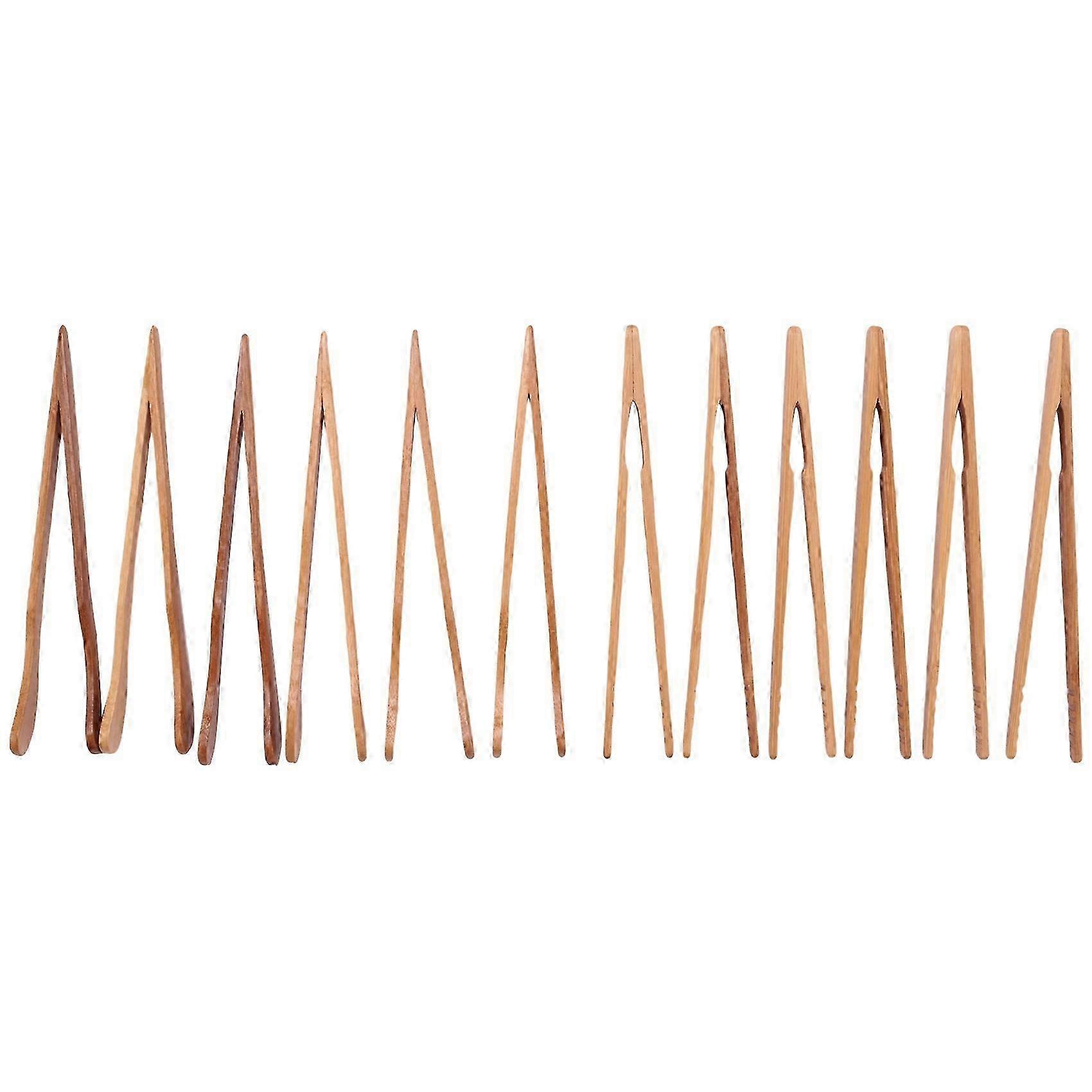 12PCS Bamboo Toaster Tongs, 7 Inch Wood Kitchen Tongs, Reusable Wood Cooking Tongs, for Toast, Cook