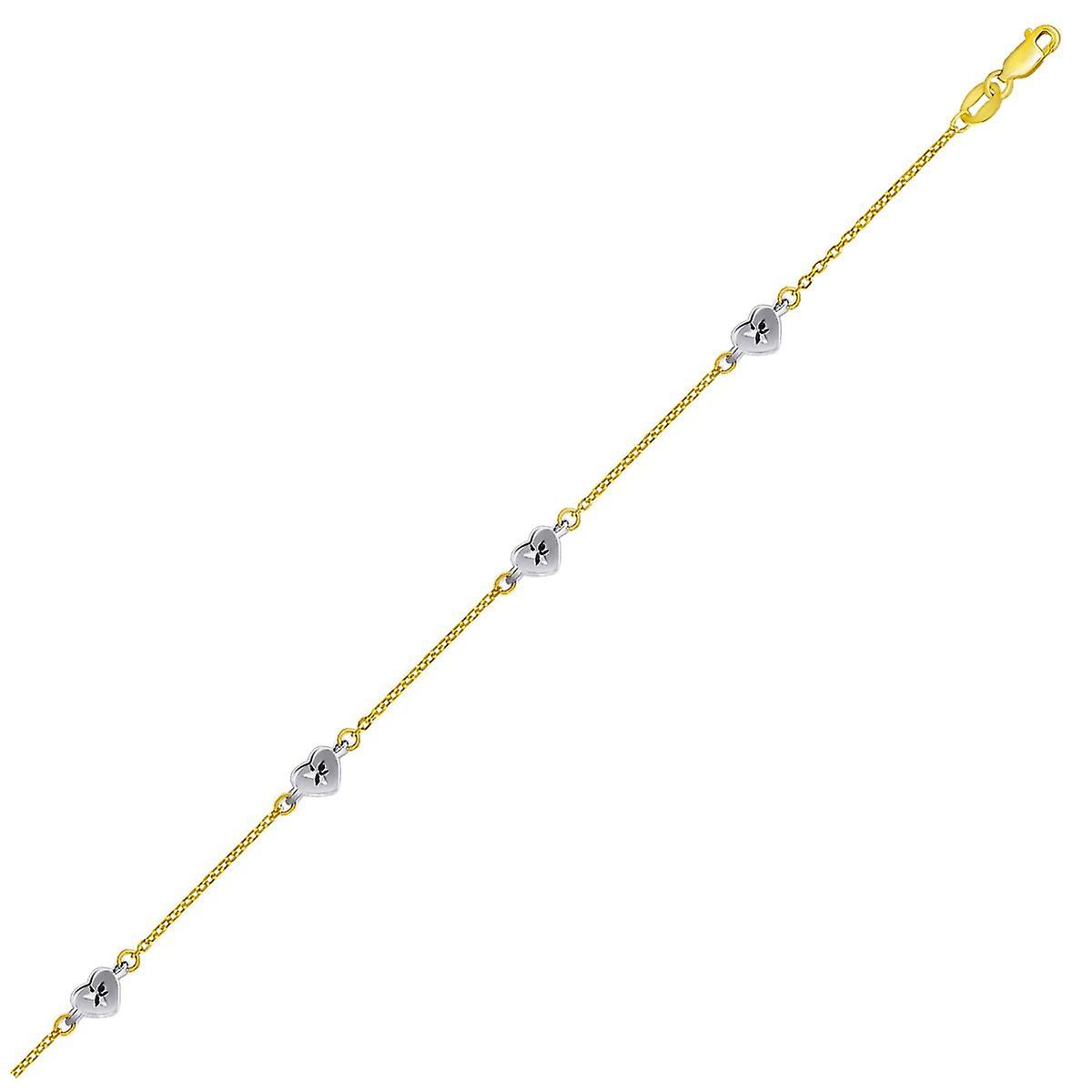 14k Two Tone Gold Anklet with Diamond Cut Heart Style Stations