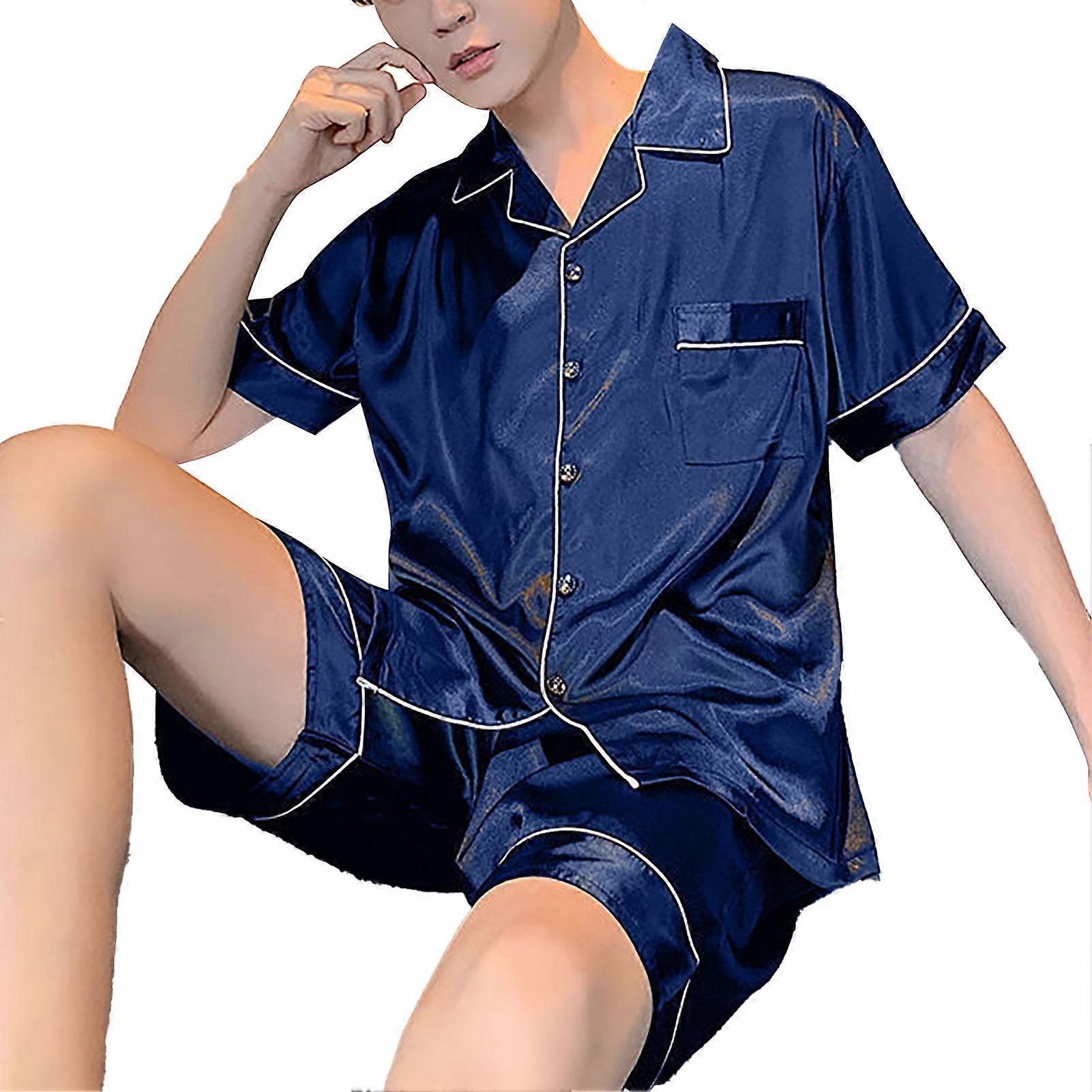 Herren Pyjama Set Kurzarm Eisseide knitterfrei atmungsaktiv zweiteilig Top Shorts Wohnheim Schlafanzug dunkelblau XXL