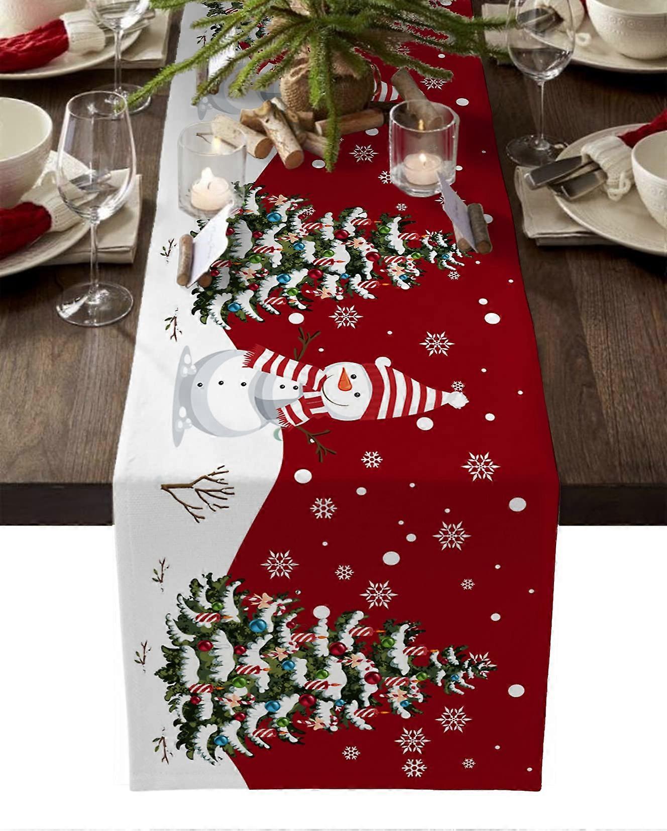 Christmas Snowman Xmas Tree Winter Snowflake Red Burlap Table Runner for Thanksgiving Dinner 13x120inch