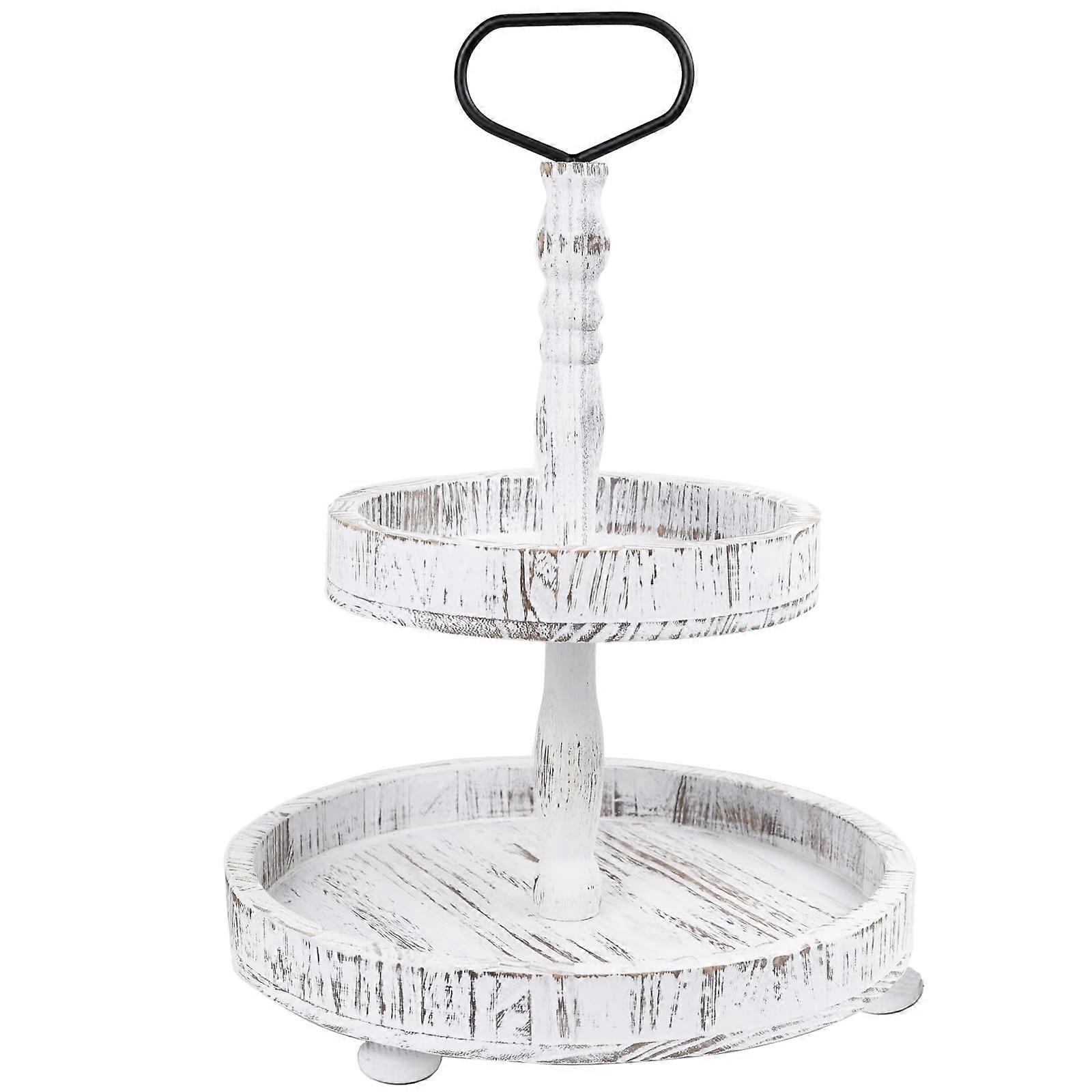 Wooden 2 Tiered Decorative Tray, Round Rustic Farmhouse Serving Tray for Kitchen, Whitewashed Wood Dessert Display Stand