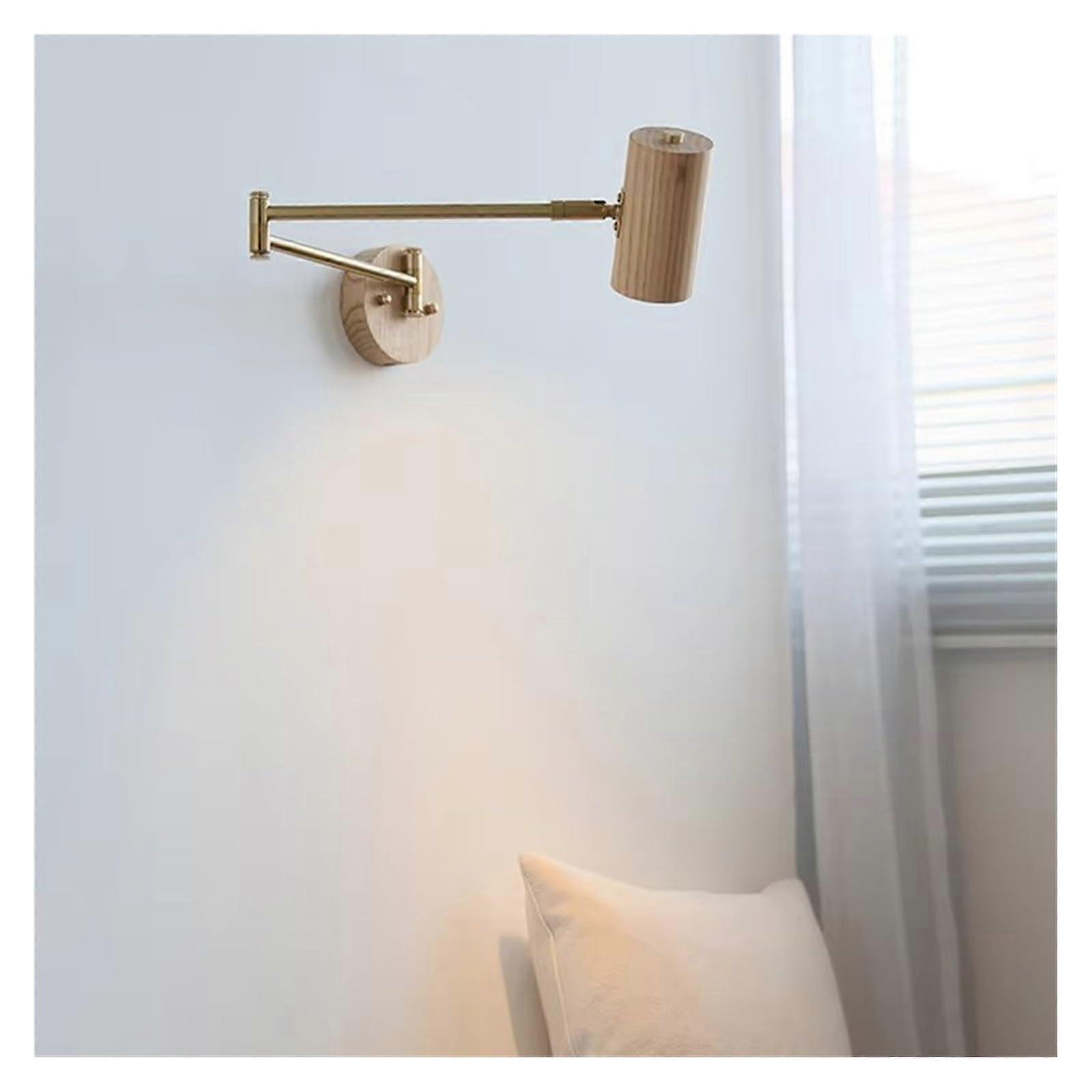 Japanese Walnut Wood Color Rocker Arm Long Arm Reading Light, Bedroom Bedside Wall Lamp, Adjustable Light, Study Illuminate