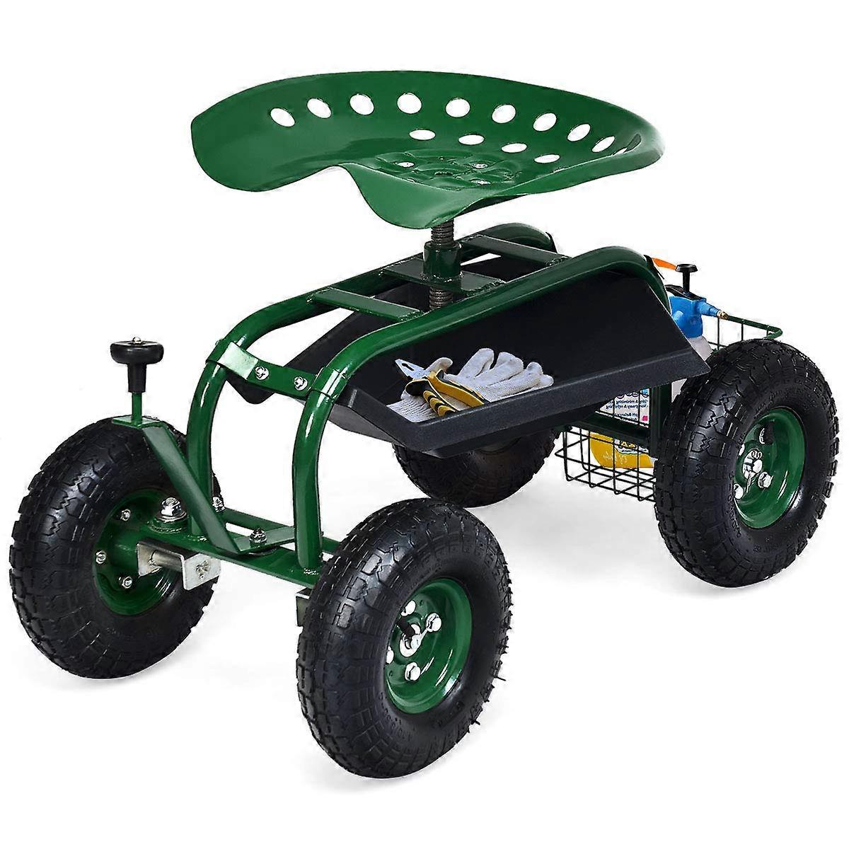 Garden Cart with Seat and Wheels, Adjustable Height Rolling Workseat with Tools Basket, 360 Swivel Design for Outdoor Use, Green