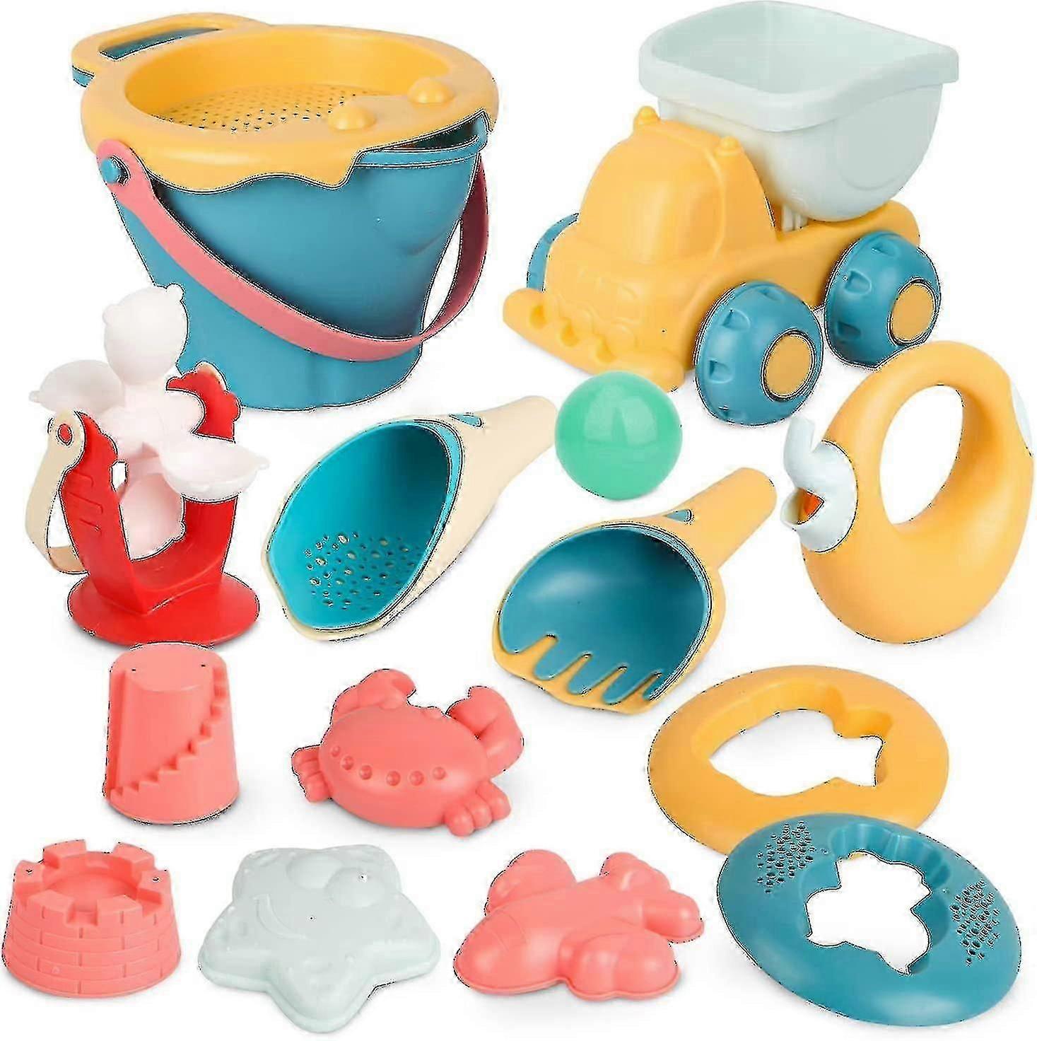 סט צעצועי חוף לילדים 16 יחידות תבניות חול גלגל מים ודלי חוף משחקי חוץ צעצועי ארגז חול עם שקית רשת היטב