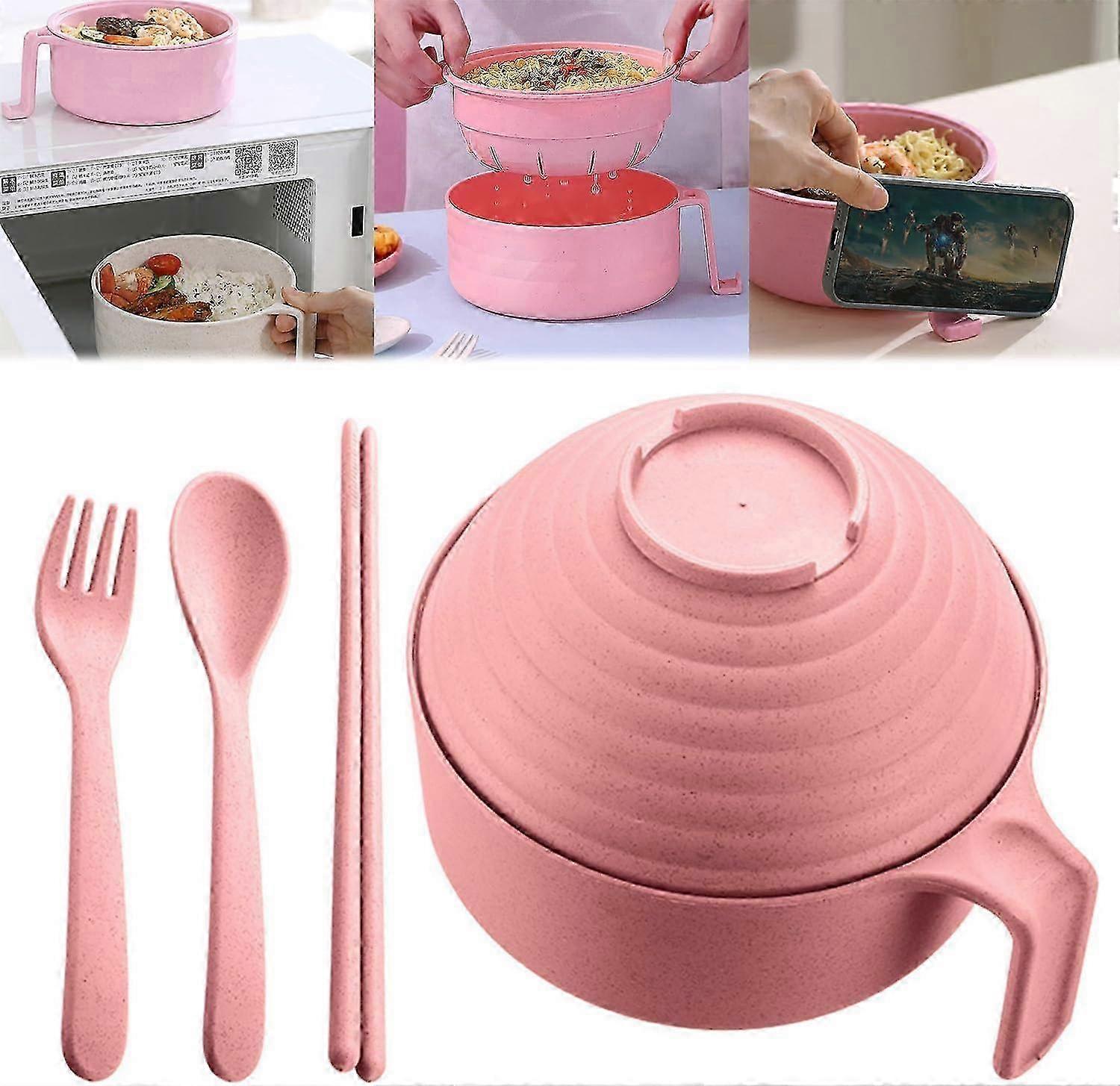 電子レンジラーメンボウルセット、箸&蓋付き - ピンク