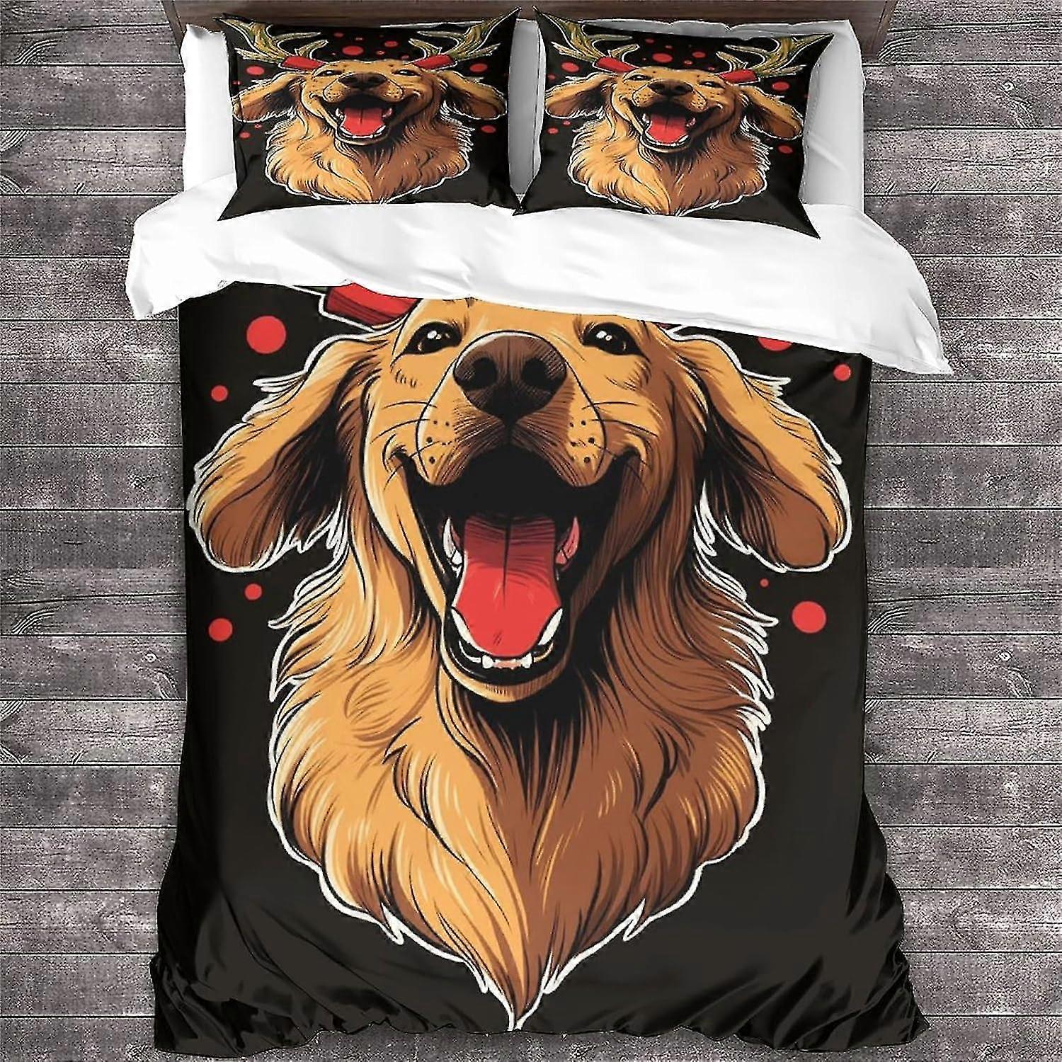 Christmas Printed Bedding Set with Golden Retriever Design, 3-Piece King Size Microfiber Comforter Cover and Pillow Shams