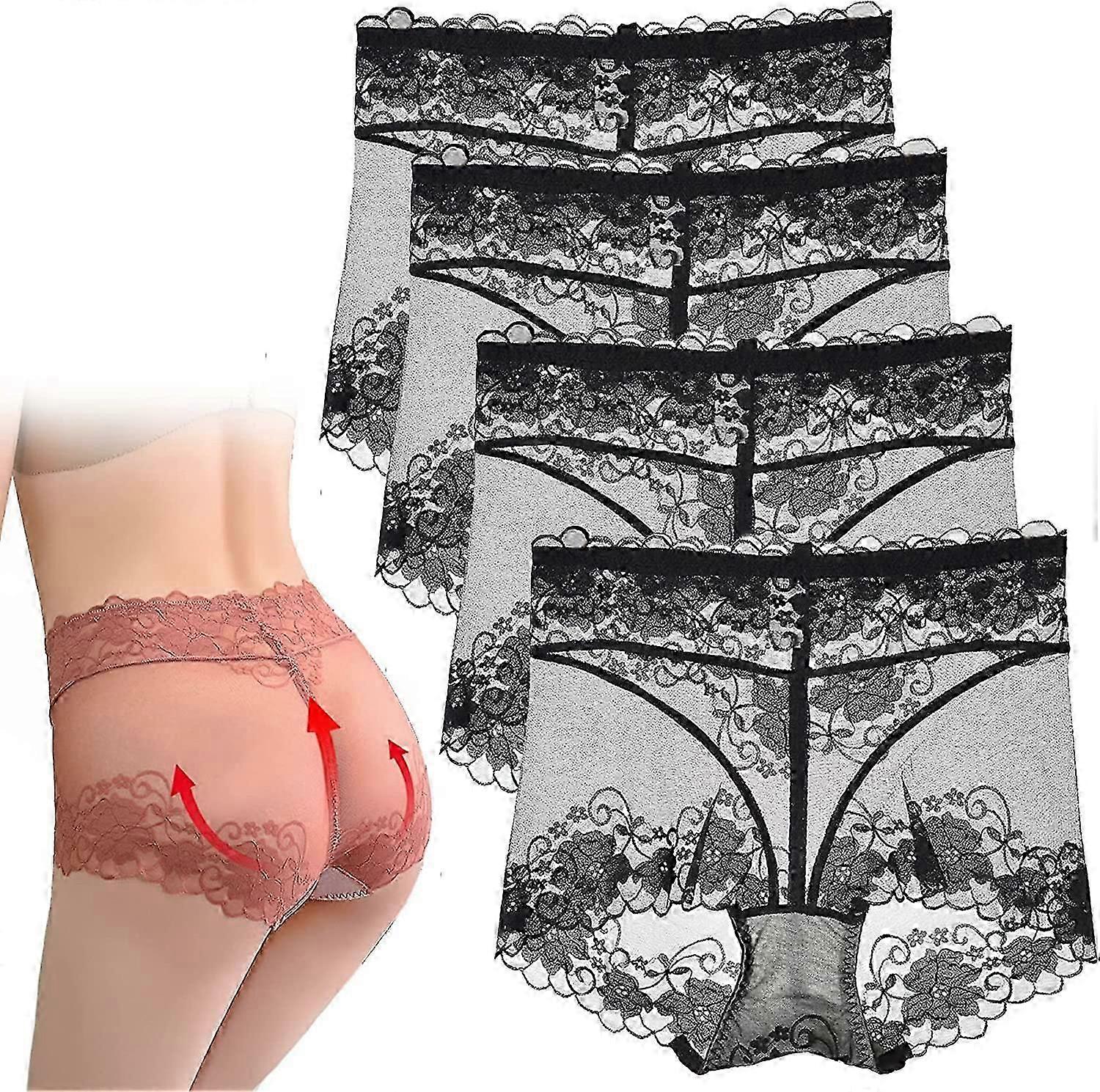 4pcs πλέγμα δείτε μέσα από την κοιλιά Tucking ισχία ανύψωση εσώρουχα, γυναικεία σέξι εσώρουχα δαντέλα ψηλόμεσο συν μέγεθος κυρίες σύντομη