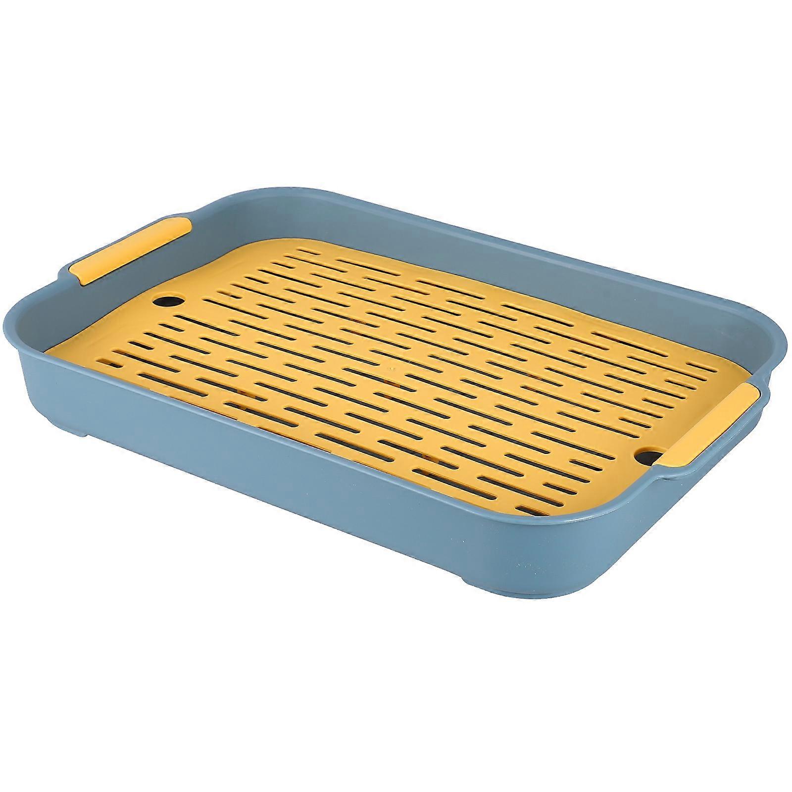 Blue Plastic Cutlery Filter Tray for Home Use Double Layer Design Dish Drainer 15.5 x 10.5 x 3 Inches