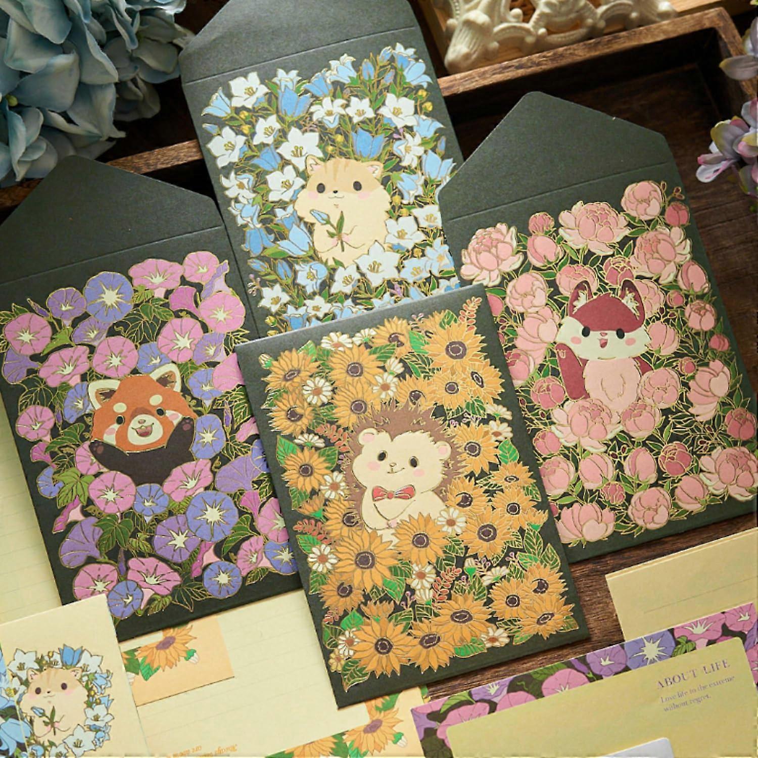 Writing Paper with Envelopes Set, 18 Lined Writing Sheets, 9 Floral Envelopes, Watercolor Orchid Sunflowers Peony Design