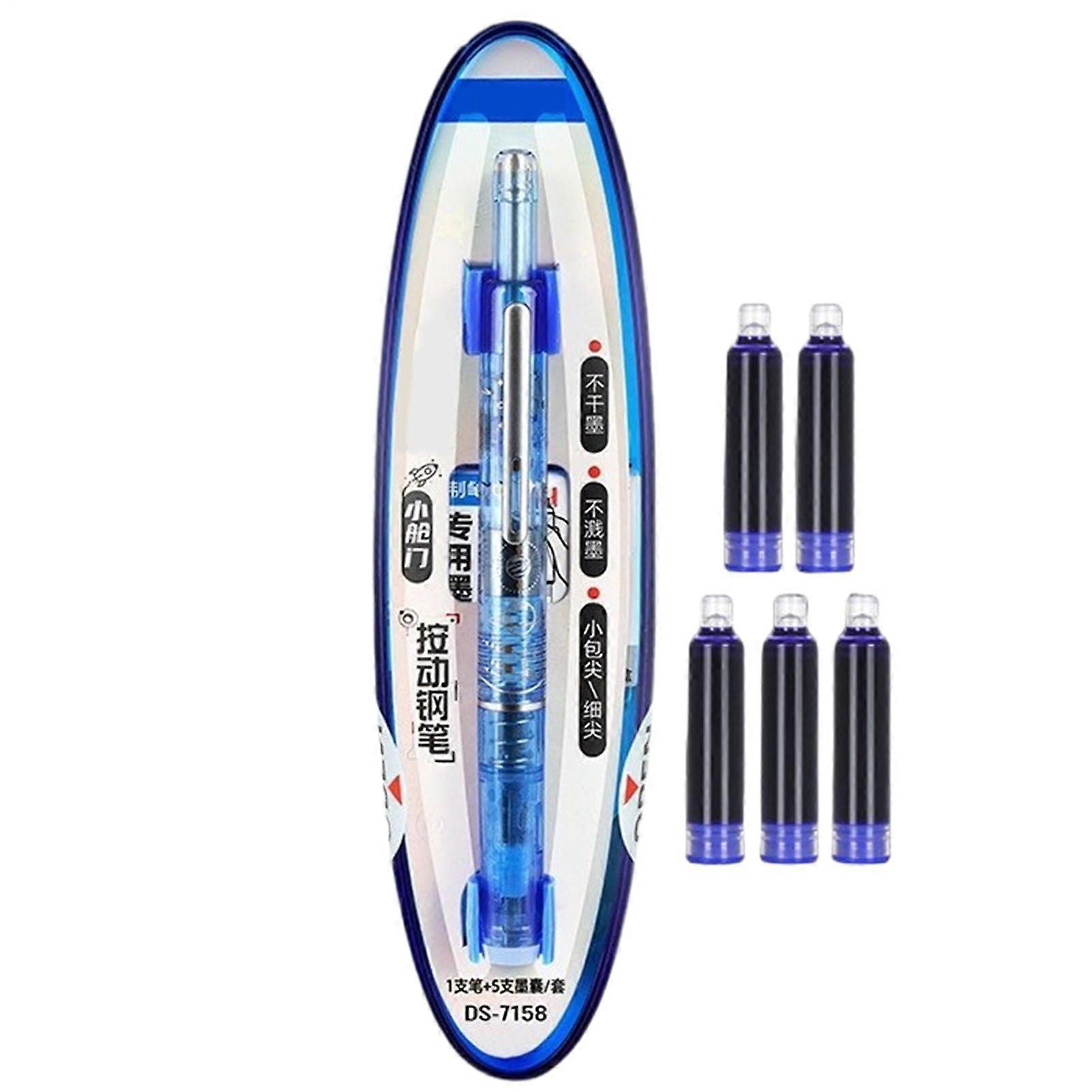 Fountain pen, smooth writing, leakproof 0.38 mm nib, retractable, 5 ink cartridges, light blue.