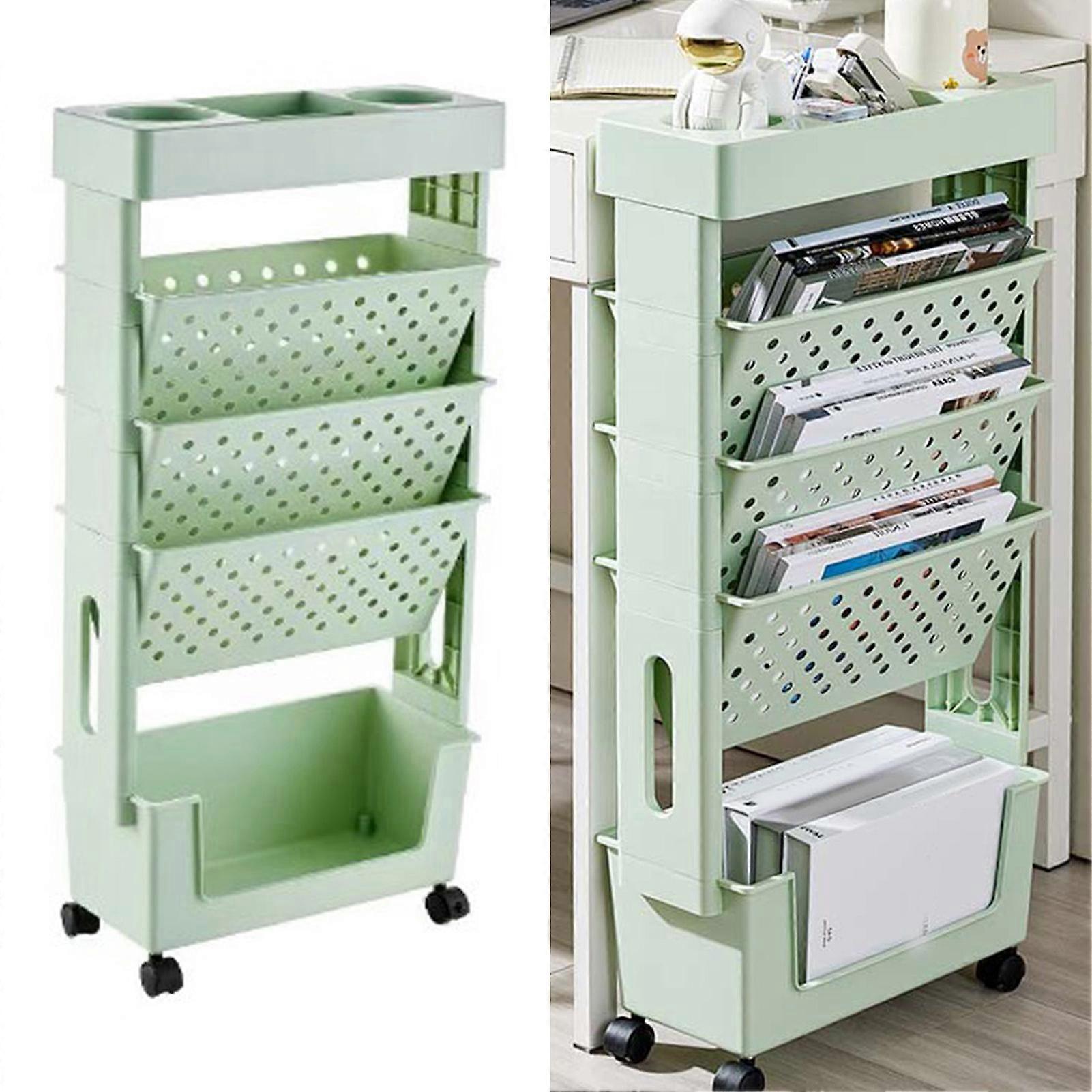 Movable Bookshelf Multilayer Capacity Rotatable Removable Plastic Practical Rolling Organization Shelf with Wheel Green