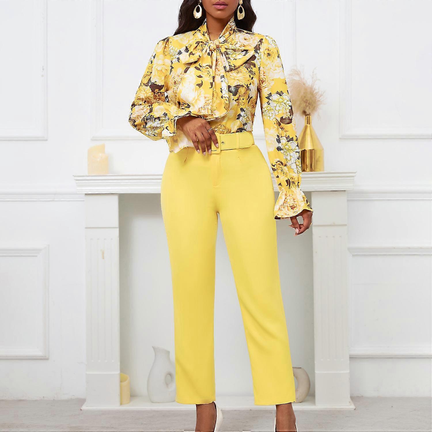 Women's Shirt Trousers Set Plus Size Spring and Autumn Fashion Printed Tie Long Sleeve Top High Waisted Suit Pants Casual Pants Set
