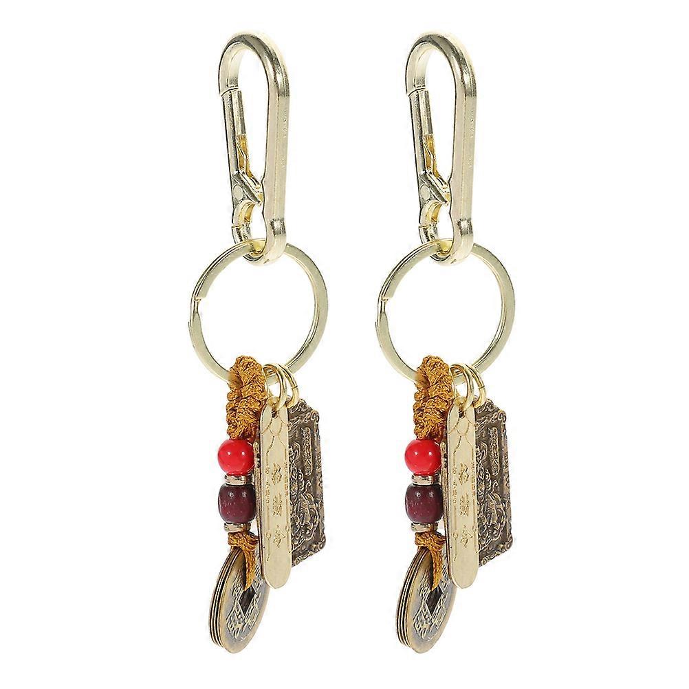 Golden Copper Keychain with Wealth Symbol and Five Emperor Coins for Decoration Versatile Use 2pcs