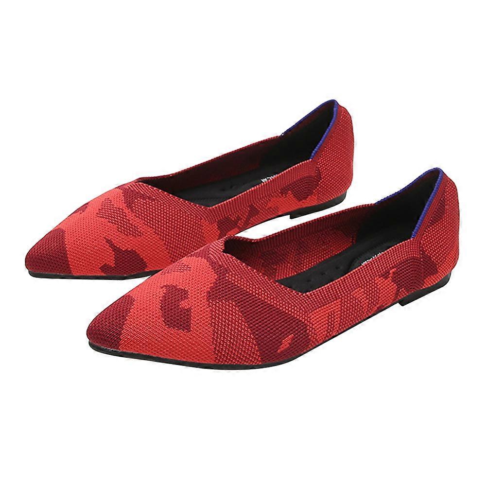 Red Knit Flat Shoes With Rubber Sole Designed For Casual Daily Wear Comfortable 1 Pair
