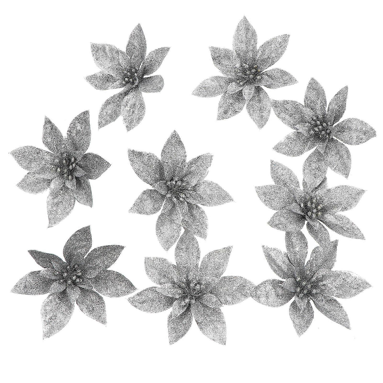 9Pcs Xmas Tree Decorative Simulation Flowers For Home Decoration And Party Events With Beautiful Silver Color