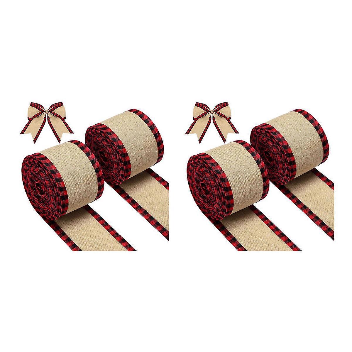 Wired Edge Ribbons Christmas Burlap Fabric Craft Ribbon Wrapping Ribbon Rolls with Checkered Edge