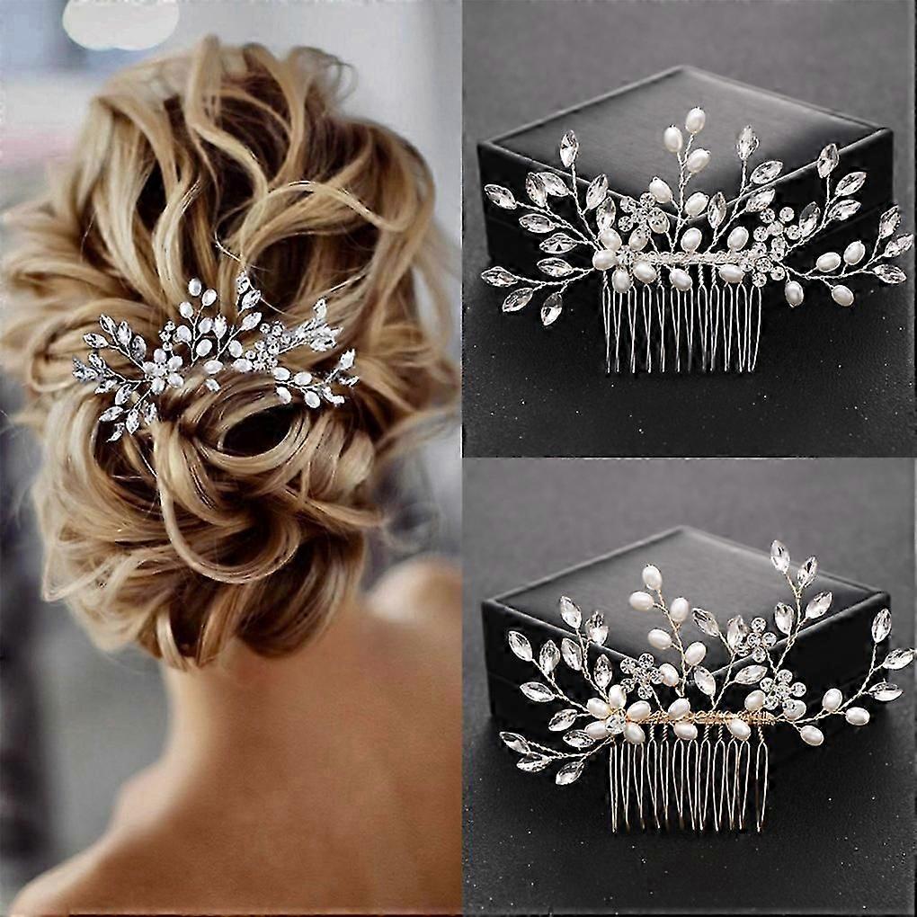2pcs Mariée Cheveux Côté Peigne Clips Diadème Luxueux Désordonné Chignon Fabricant avec Perles Banquet Robe De Mariée Pinces À Cheveux