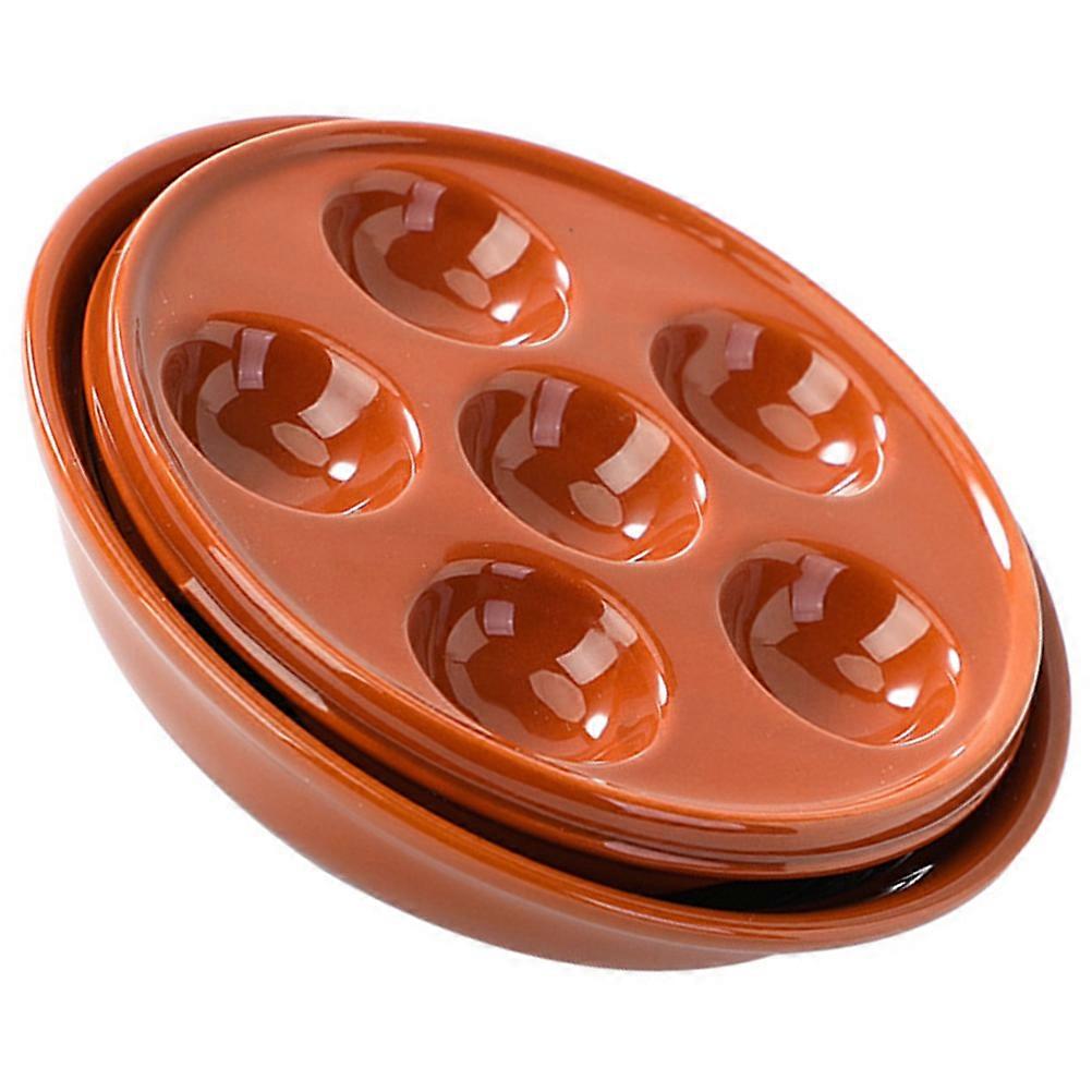 Ceramic Escargot Plate with Handle for Home Use Coffee Color Microwave Hole Compartment Design