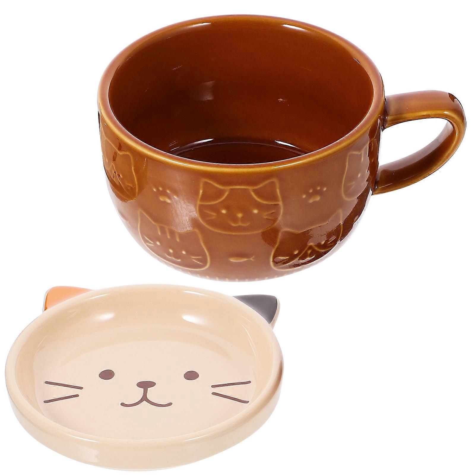 Cat Shaped Ceramic Coffee Mug for Home Use Brown Material with Lid Function 1Set