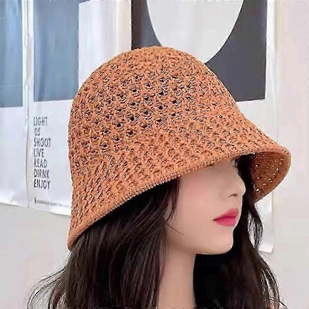 Women's Spring Summer Bucket Hat: Solid Color Knitted Sun Hat with Hollow Design, Casual Fisherman Cap, Foldable Beach Cap