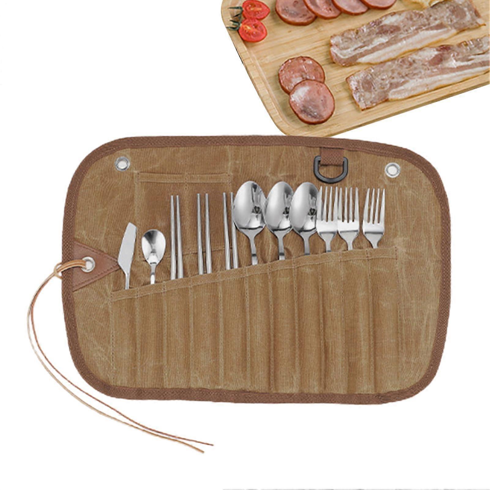 Utensil Pouch Portable Reusable Utensil Case 11Hole Hanging Silverware Organizer For Forks Spoons
