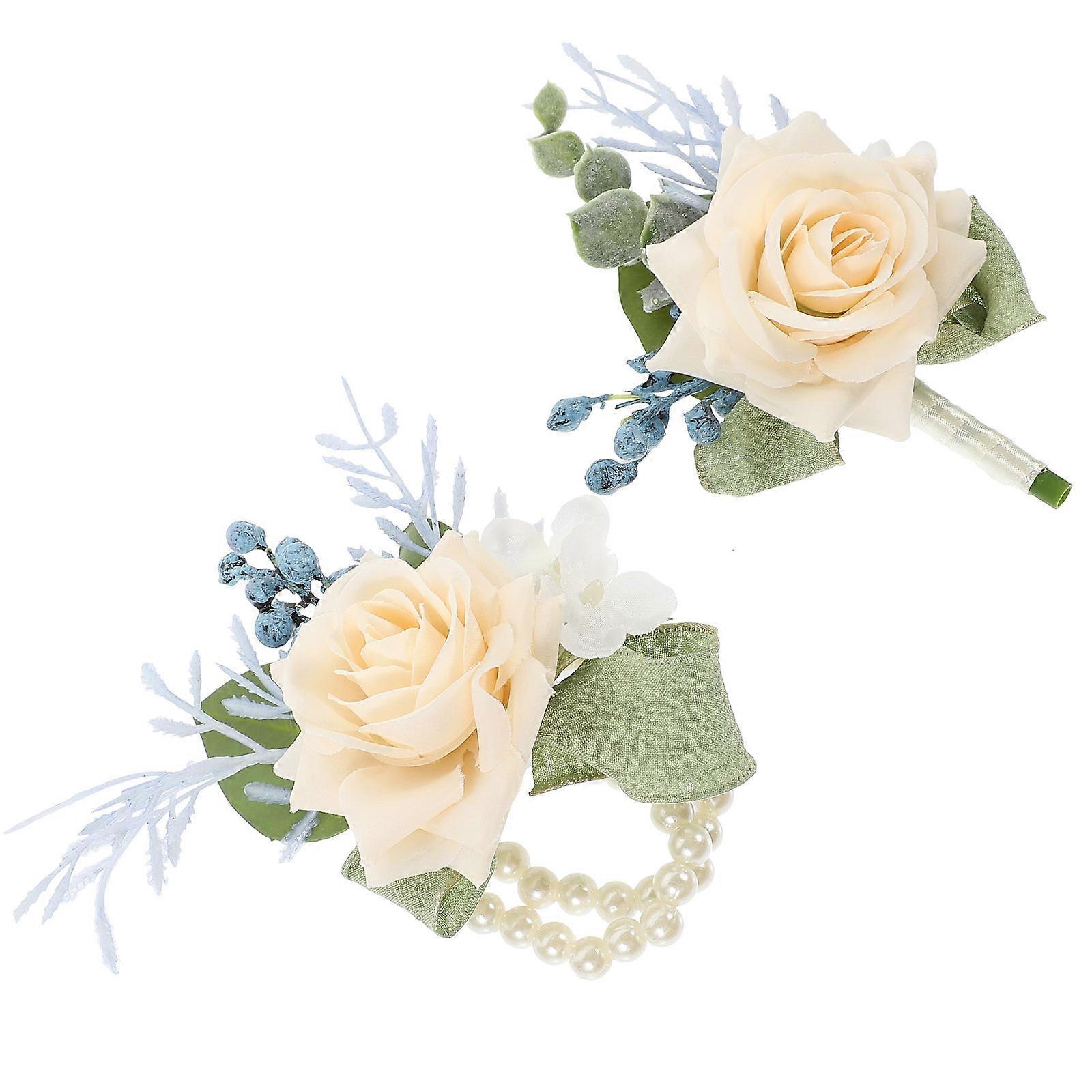 Beige Wrist Corsage with Boutonniere Set for Wedding 3Sets Included