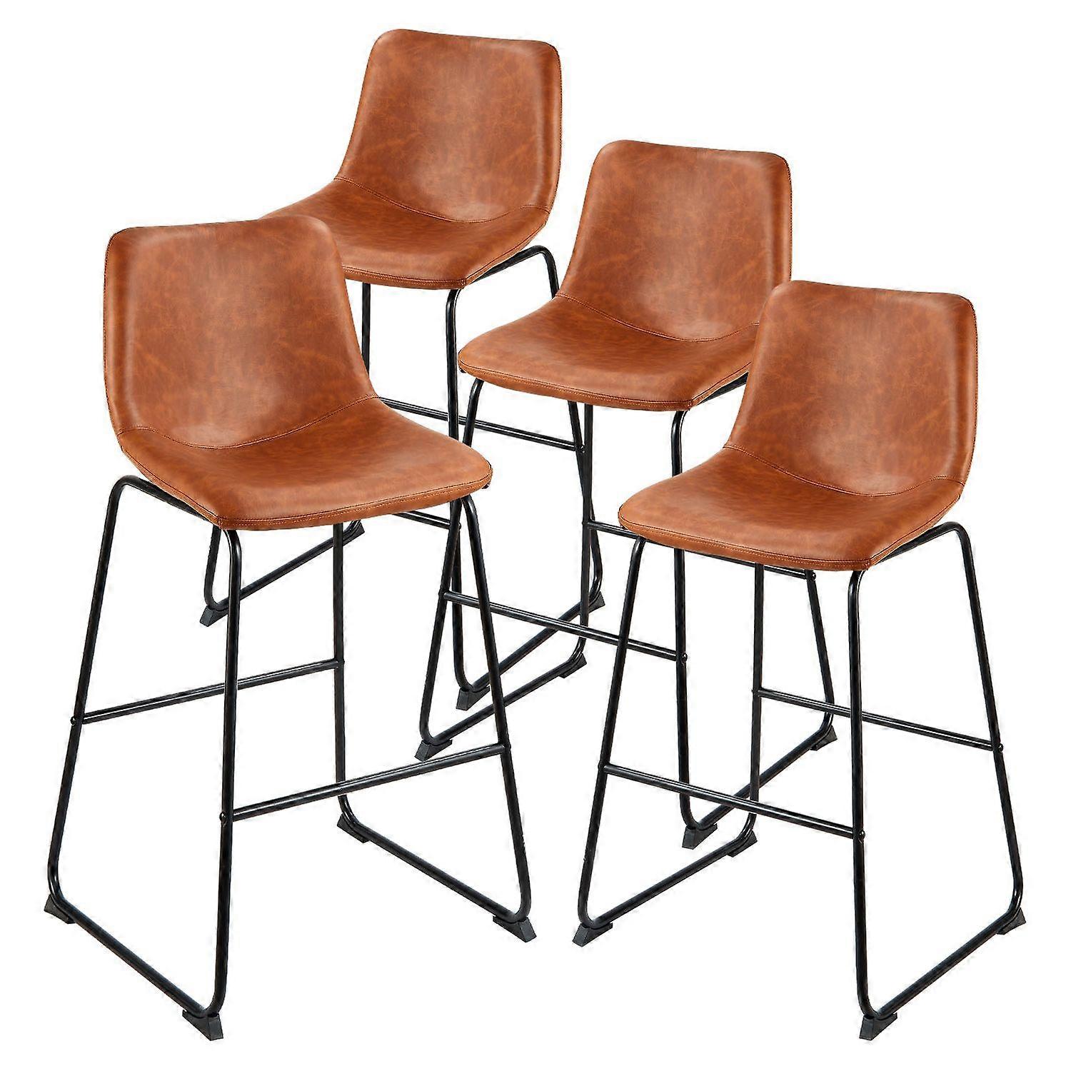 Bar Stool Set of 4, 65cm Counter Height Stools, Modern PU Leather Counter Barstool with Backrest, Metal Legs, Brown