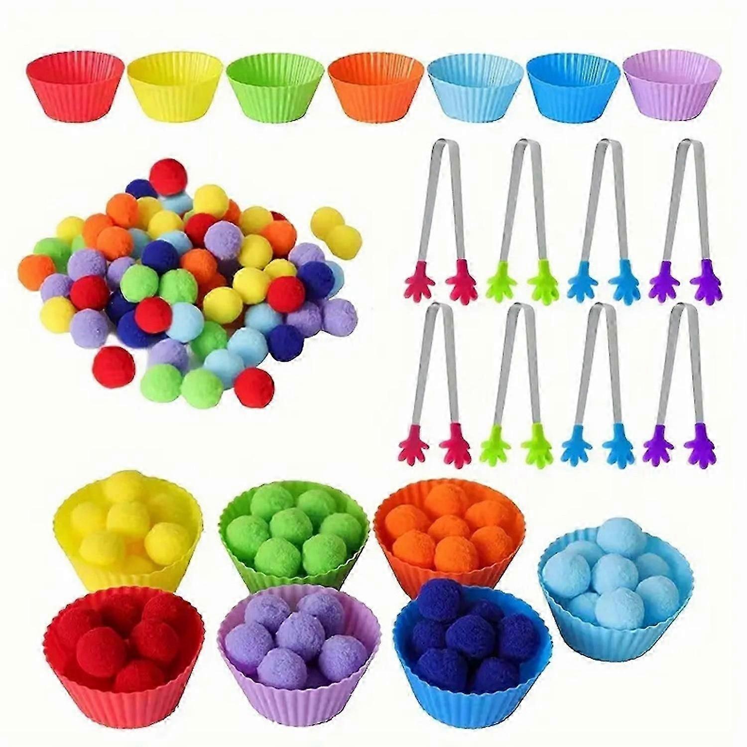 78Pcs/Set Kids Color Sorting Toy with 7 Bowls 70 Pompoms Clip Preschool Learning Ball Counting