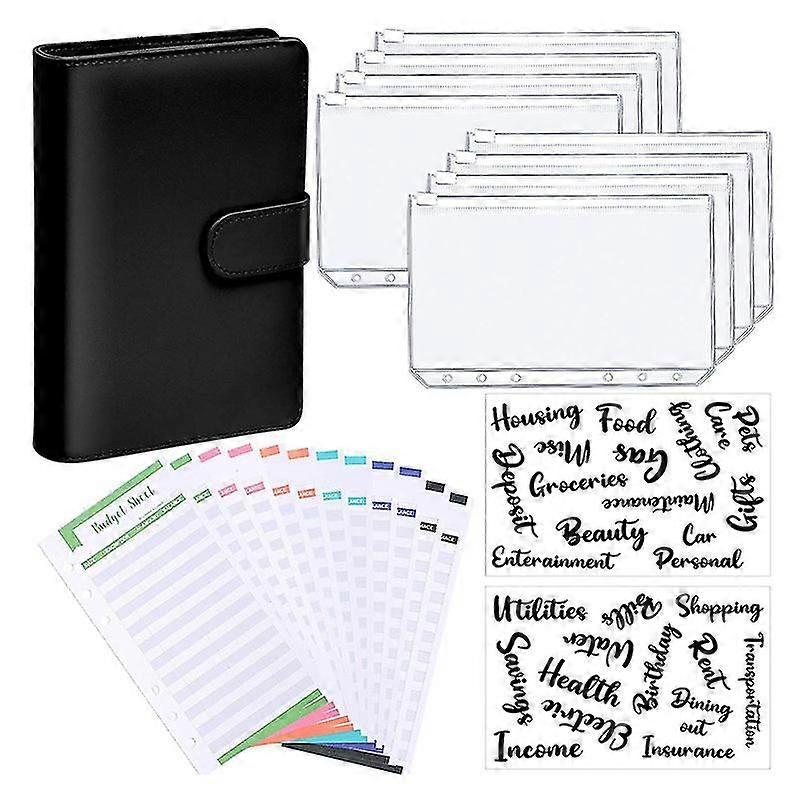 1x Pu Leather Notebook A6 Binder Budget Personal Planner Folder Size 6 Hole Pockets Plastic Zipper Envelope Handbook Ft