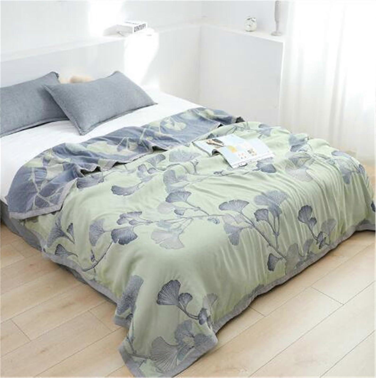Cotton Muslin Reversible Quilt with Ginkgo Pattern Lightweight Cooling Blanket for Bed Sofa Couch 200x230cm (B)