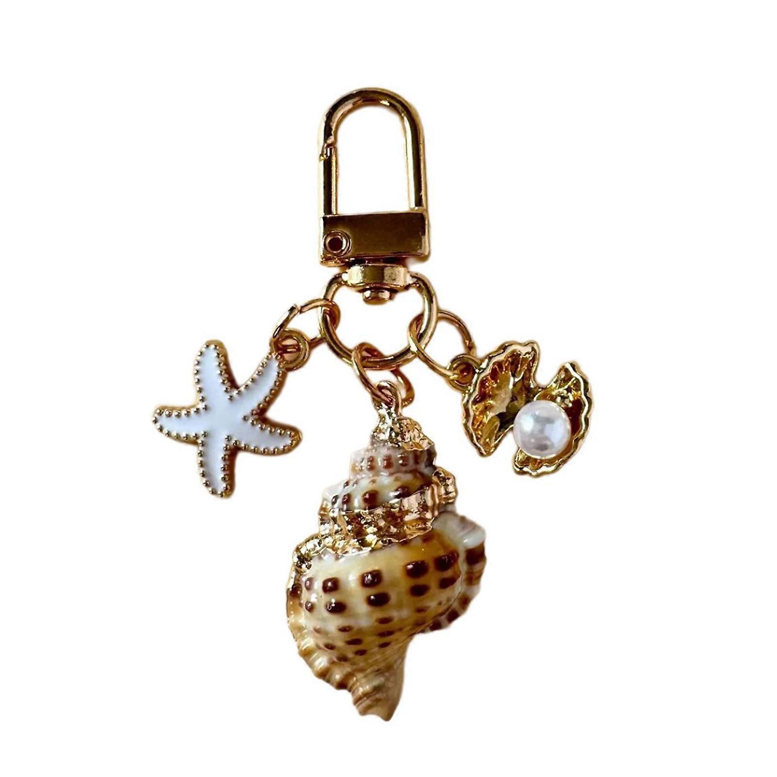 Ocean Themed Keyring With Artificial Pearls Detailing Stylish Shell Metal Construction Keychain Versatile Accessory Multicolor