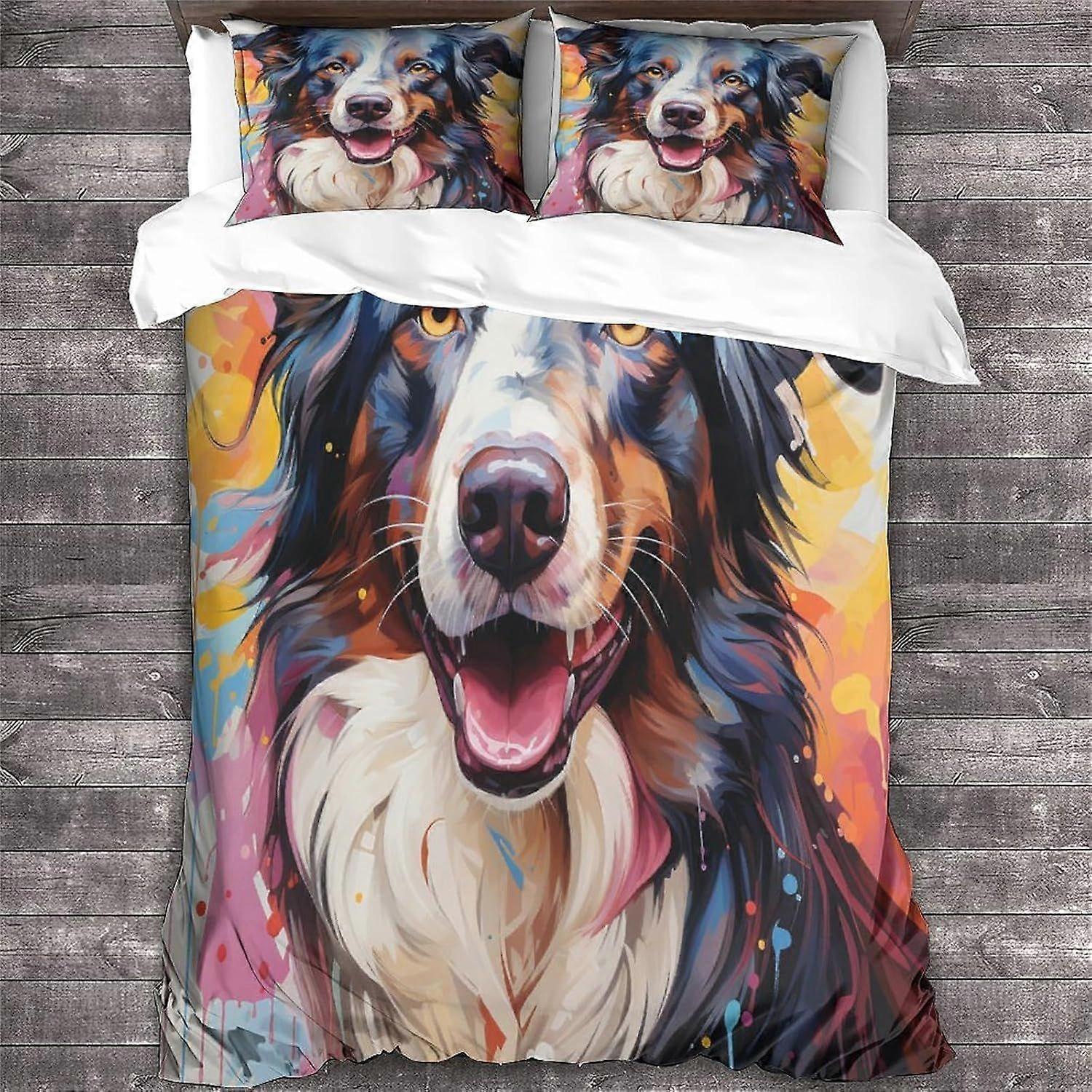 LikeEj Border Collie غطاء لحاف غطاء لحاف الفراش بنمط المطبوع مع إغلاق سحاب ، مجموعة فراش المصنوعة من الألياف الدقيقة الناعمة