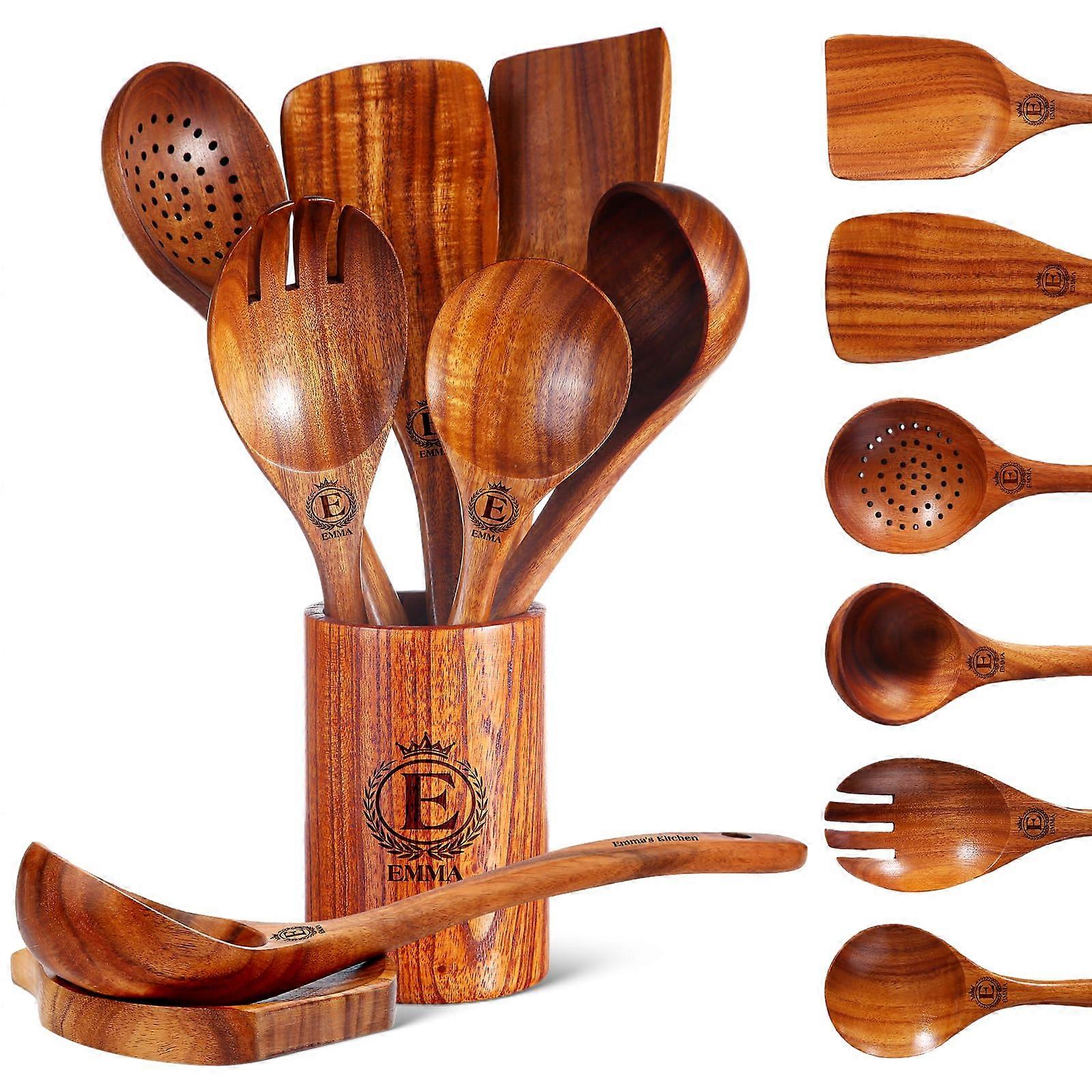8Piece Teak Wood Cooking Utensils Set with Custom Engraving, Durable and Nonstick Cookware Safe