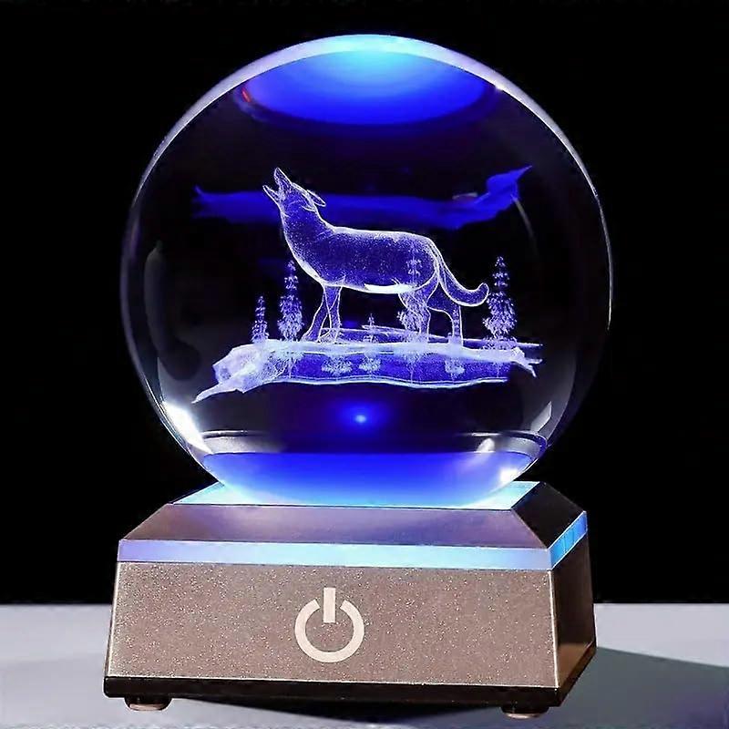 Wolf Crystal Ball Night Light with 3D Laser Engraved Wolf, Touch Control Color Changing LED Base