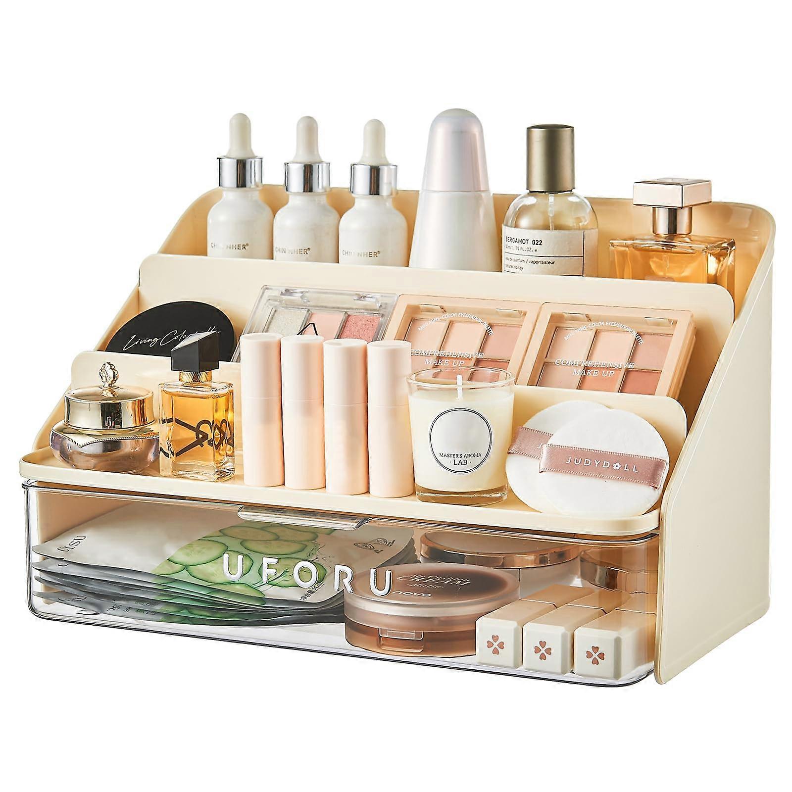 3 Tier Display Shelf Organizer with Detachable Drawer for Perfume and Makeup, Cream White